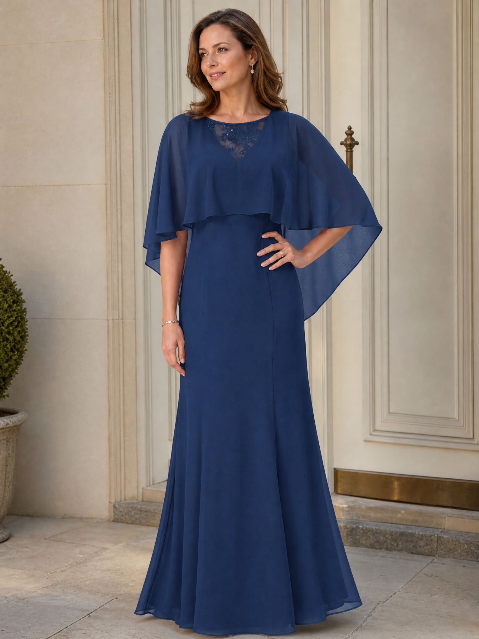 Sophisticated Navy Blue Chiffon Cape Mother of the Bride & Groom Dresses 
