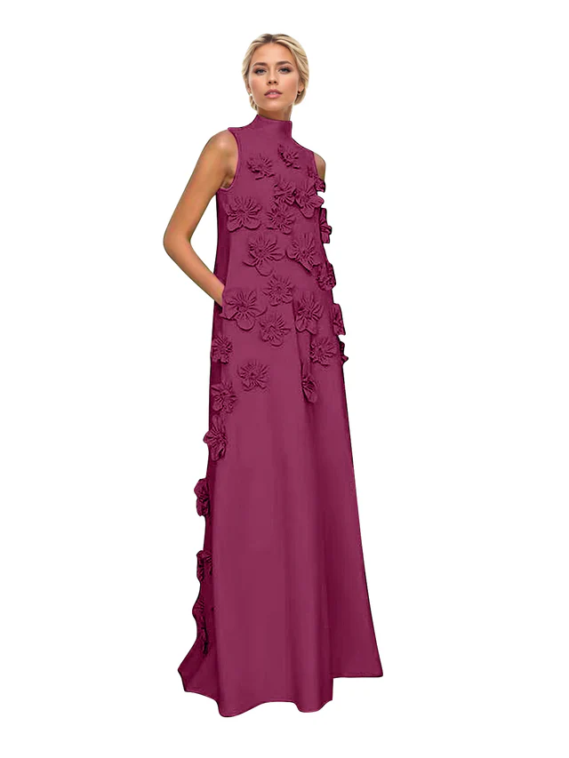 A Line High Neck Sleeveless Floor Length Stretch Crepe Dress With 3D Flowers