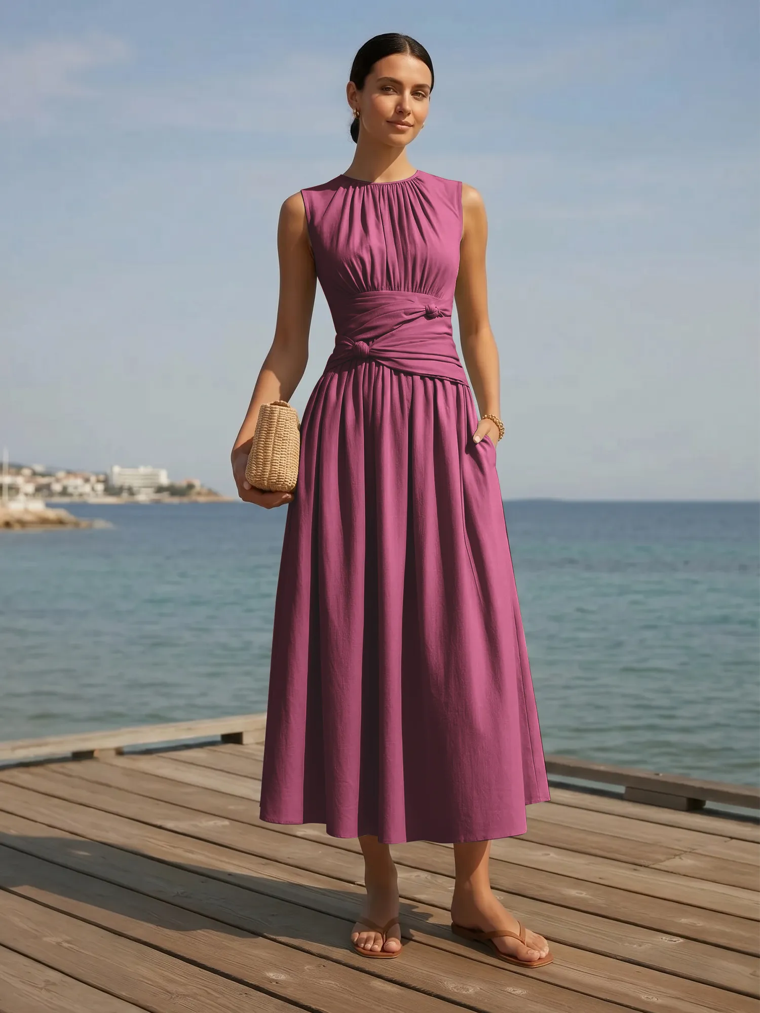 Sleeveless Round Neck Waist-Knot Midi Evening Dress