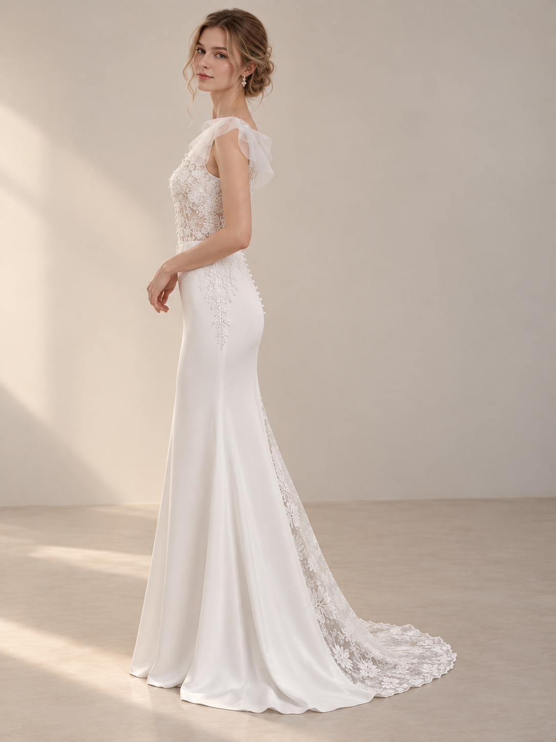 Luminous Ivory Flutter-Sleeve Lace-Back Maxi Wedding Dress 