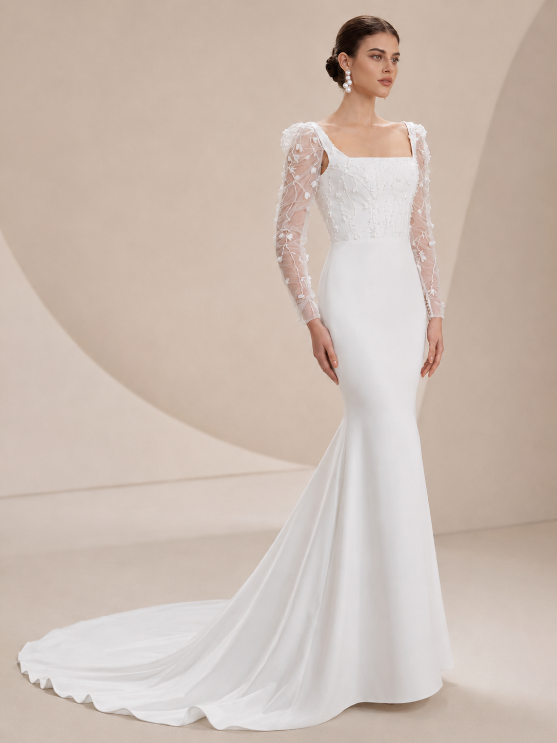 White Square-Neck Crepe Mermaid Wedding Dress with Sheer Floral Long Sleeves 