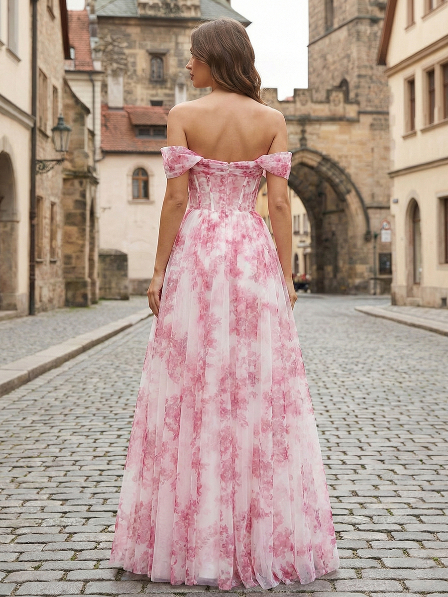 Pink Floral Off-the-Shoulder Corset A-Line Long Prom Dress
