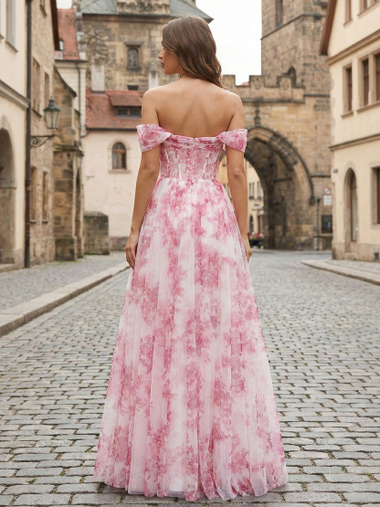 Pink Floral Off-the-Shoulder Corset A-Line Long Prom Dress