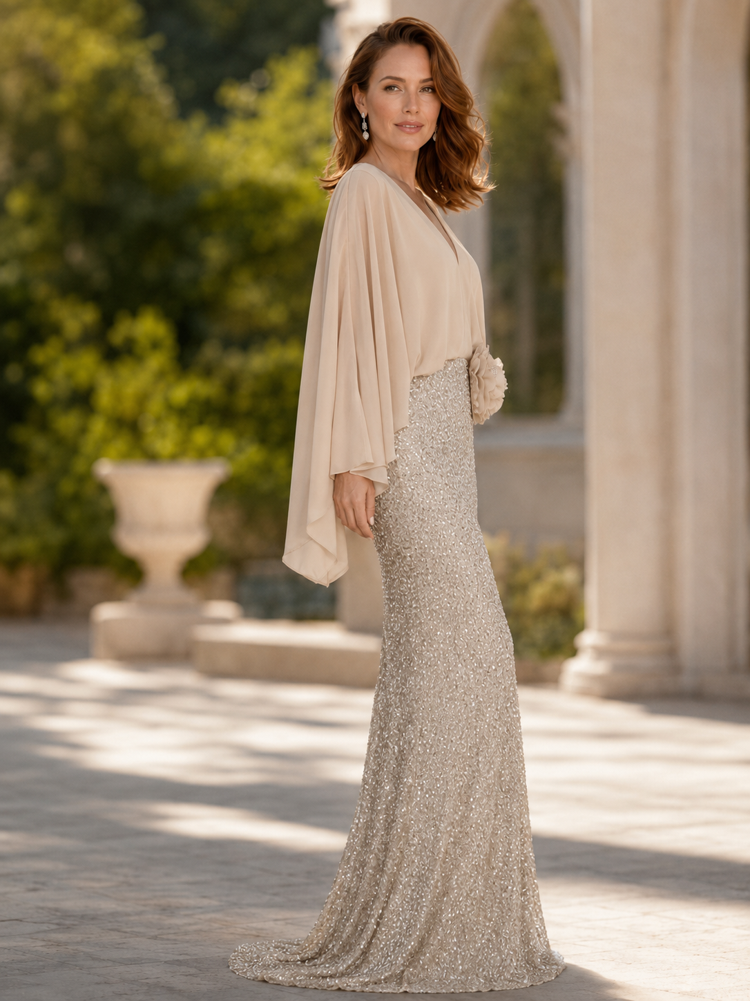 Champagne V-Neck Chiffon Sequin Sheath Maxi Mother of the Bride & Groom Dresses