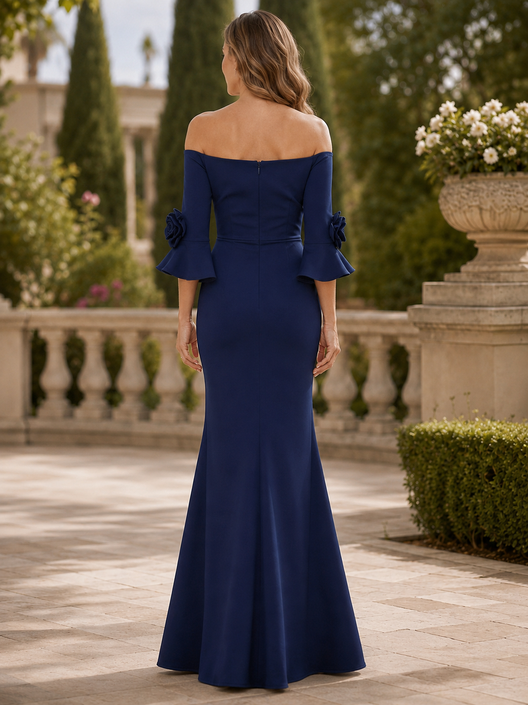 Navy Blue Off-the-Shoulder Floral Bell-Sleeve Maxi Mother of the Bride & Groom Dresses 