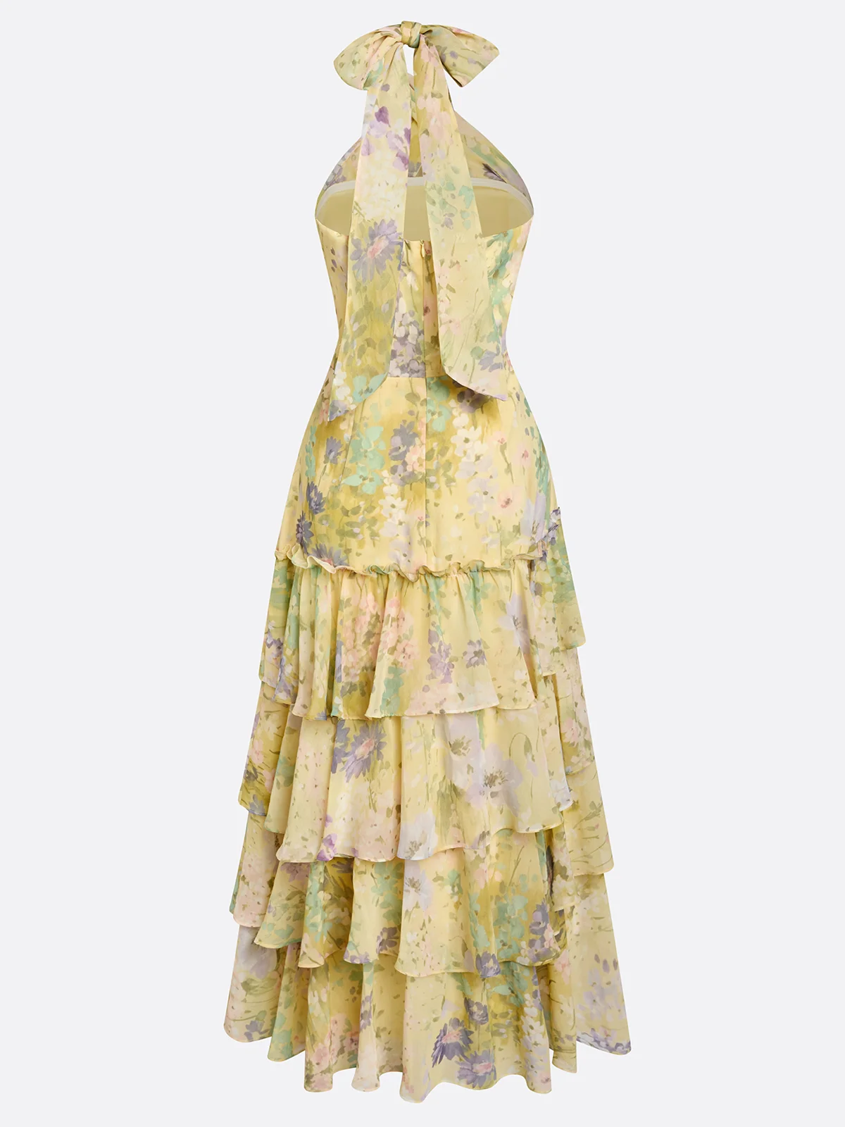 Luminous Sun-Kissed Yellow Halter Tiered Floral A-Line Maxi Evening Gown Dress 