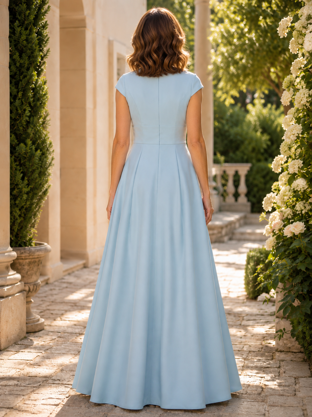 Light Blue Satin Short-Sleeve A-Line Maxi Mother of the Bride & Groom Dresses
