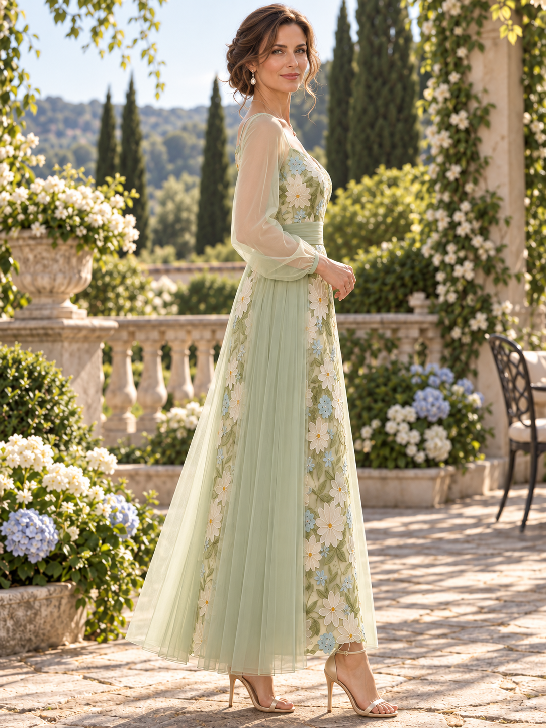 Ethereal Sage Green Floral Embroidered Tulle Maxi Mother of the Bride & Groom Dresses 