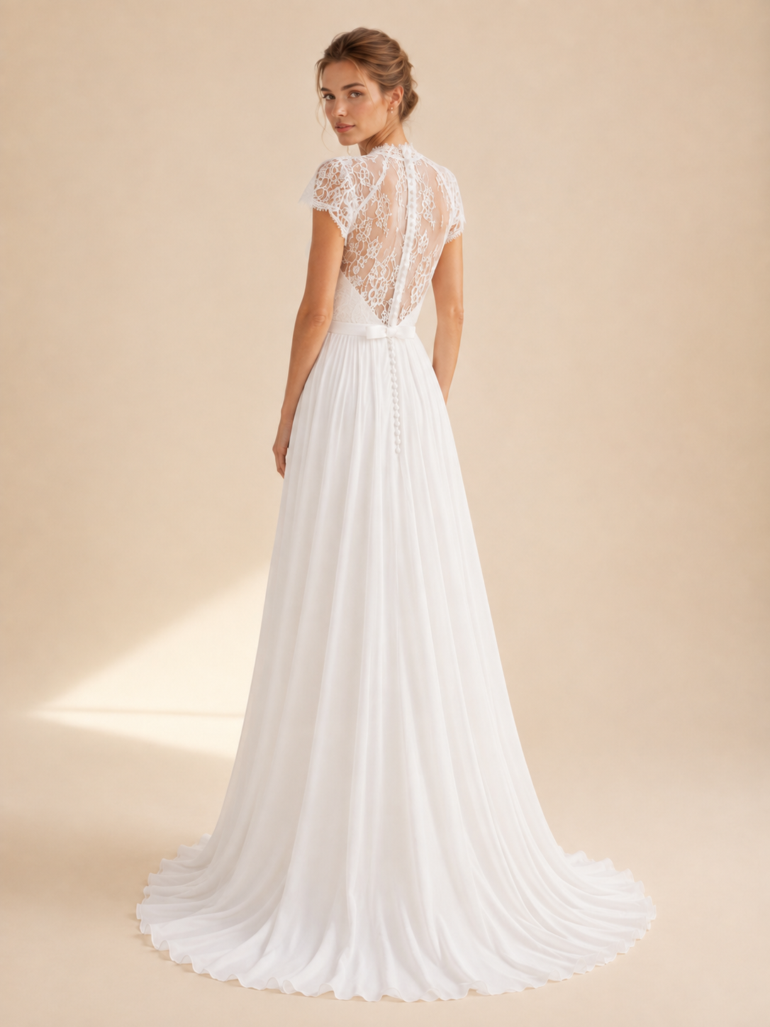 White V-Neck Cap-Sleeve Lace-Accented Chiffon Wedding Dress 