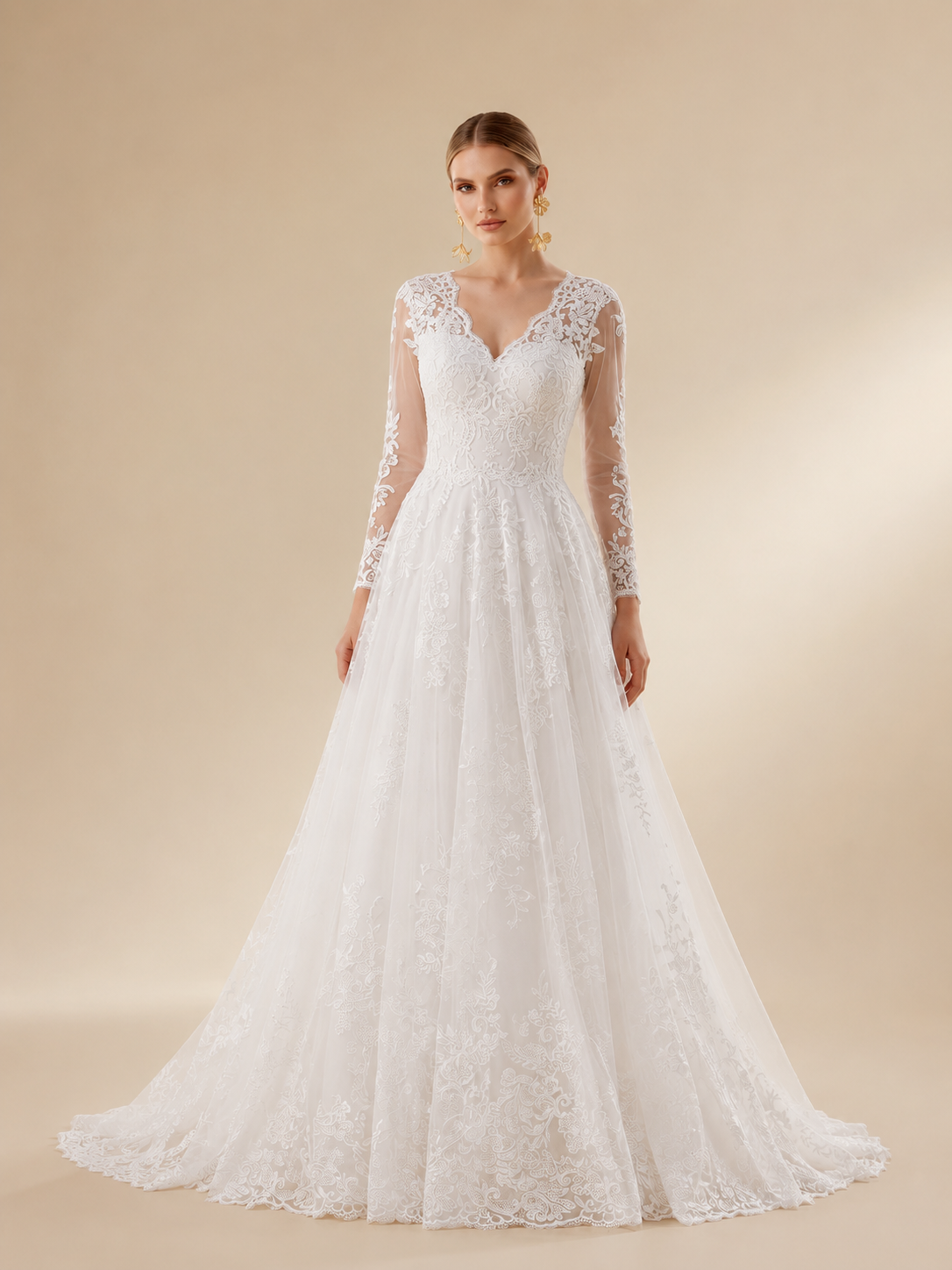 White Long-Sleeve V-Neck Lace Appliqué A-Line Wedding Dress 