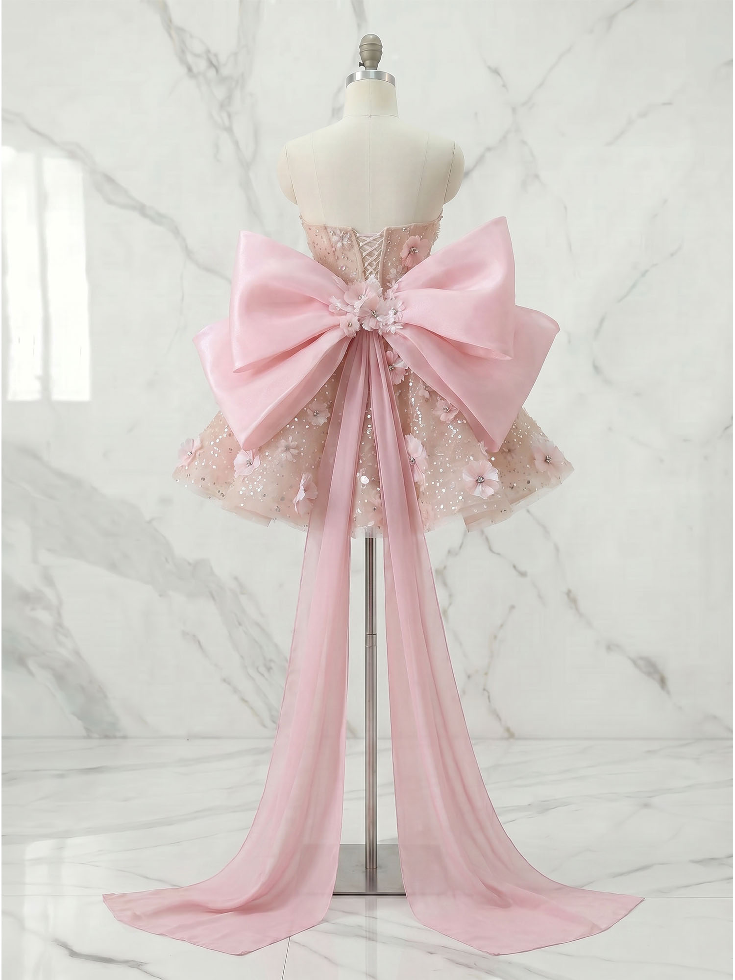 Enchanting Pink Floral Applique High-Low Dress with Statement Bow Homecoming Dress 