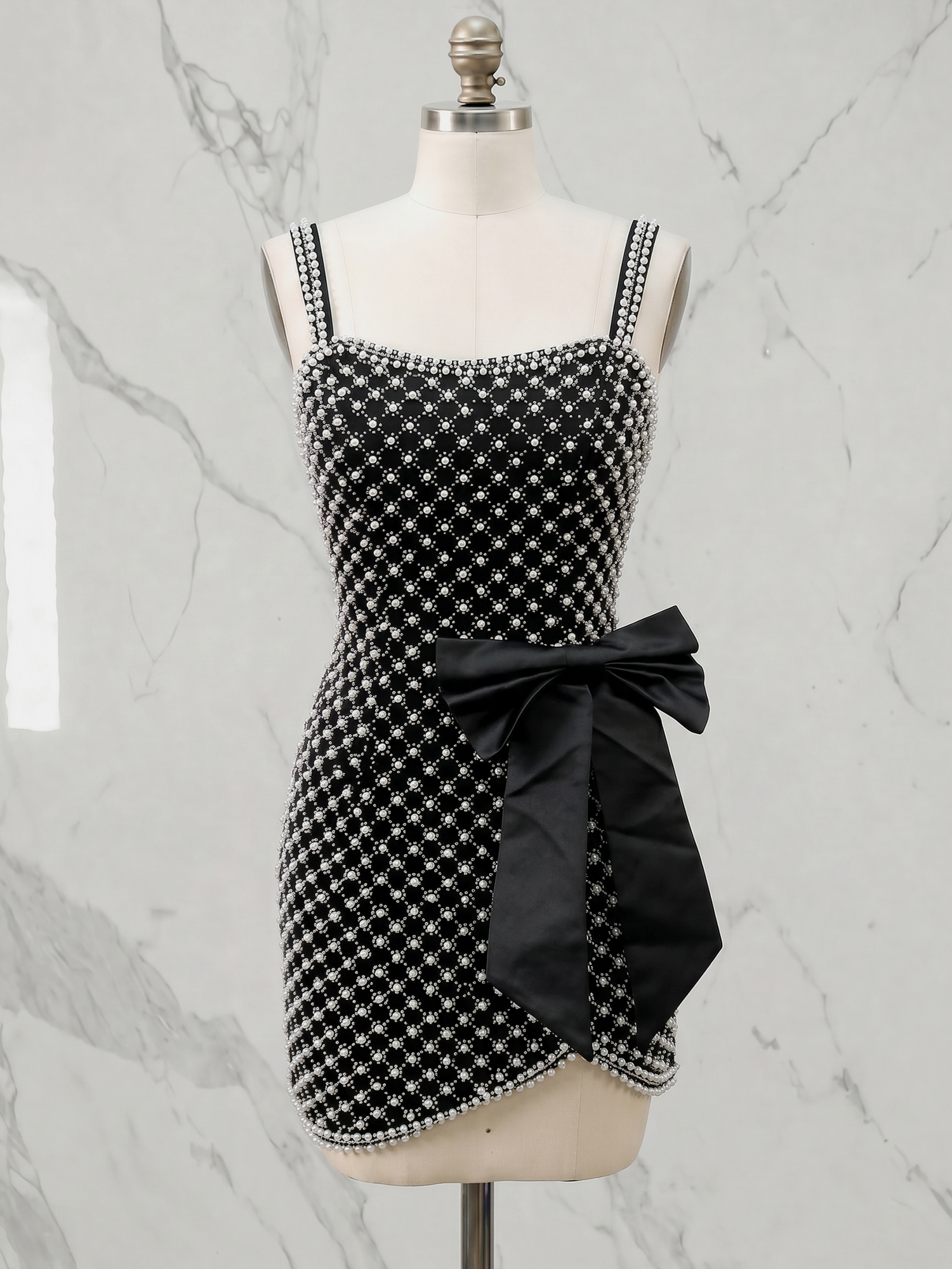 Pearl-Embellished Square Neck Spaghetti Strap Homecoming Dress with Oversized Bow