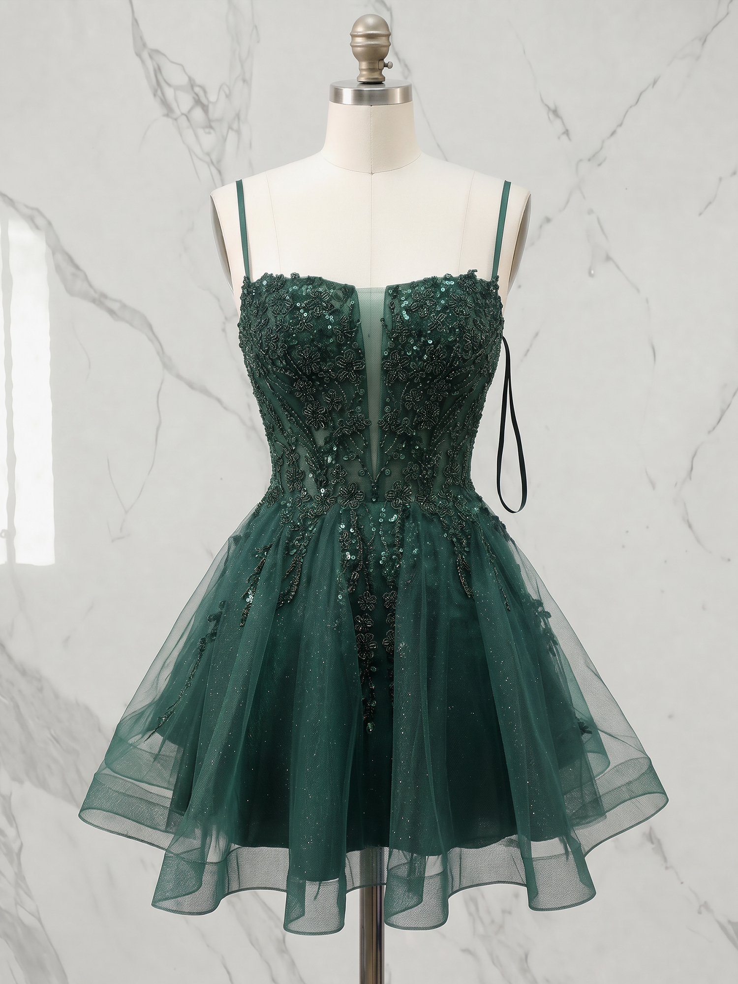 Emerald Enchantment Beaded Corset Glitter Tulle Mini Dress Homecoming Dress