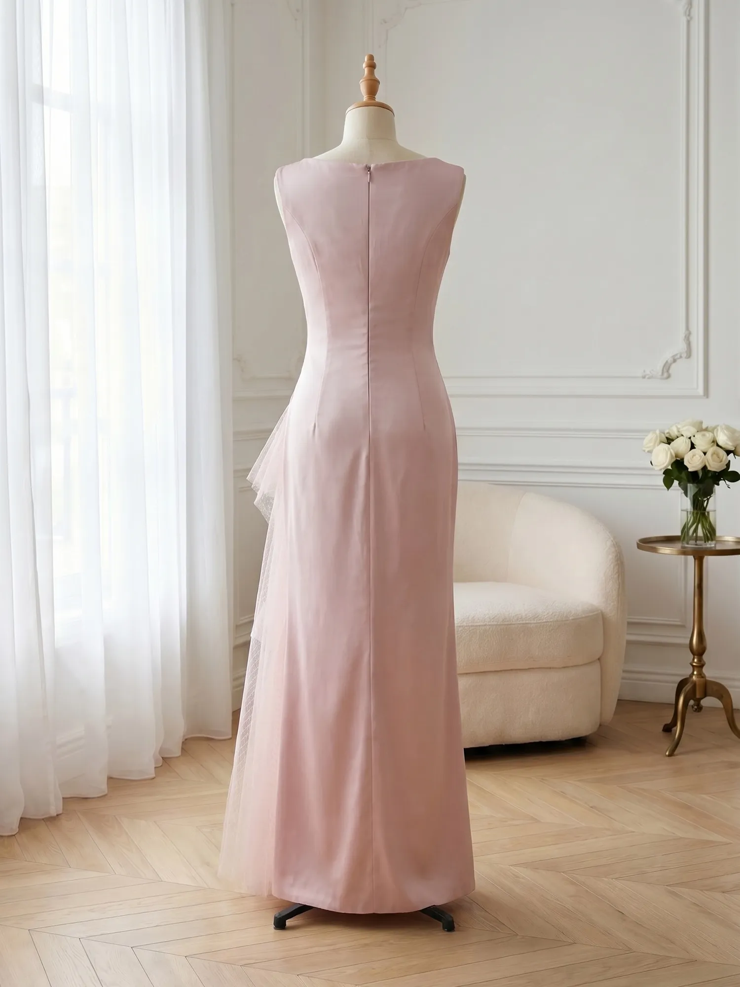 Sleeveless Ruched Sheath Evening Gown with Tulle Ruffle Detail