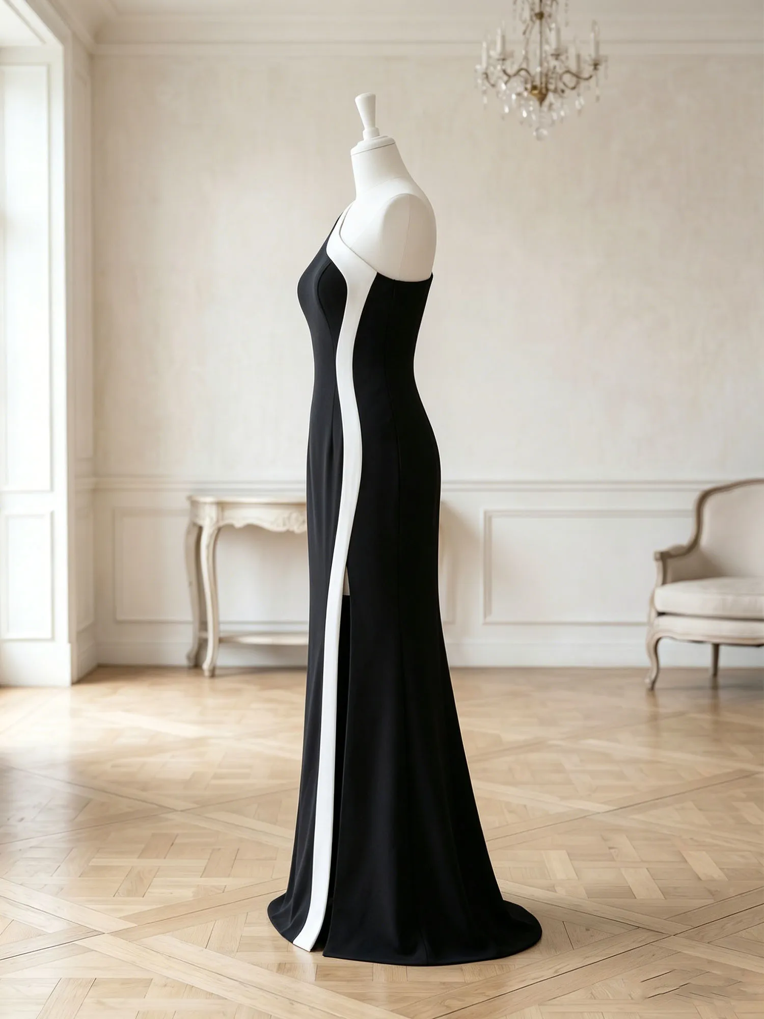 One-Shoulder Color-Block Slit Mermaid Evening Gown