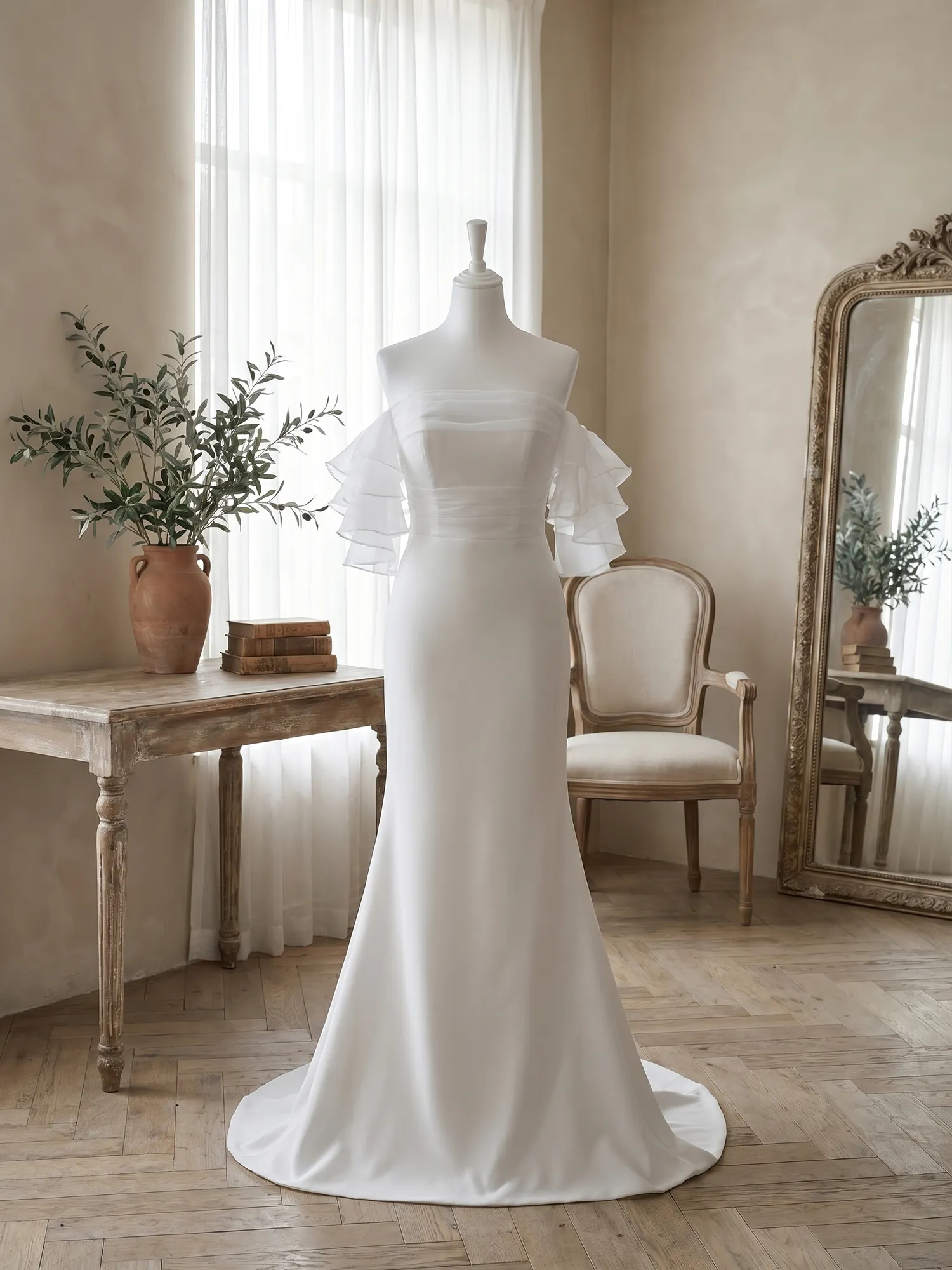 Off-the-Shoulder Tiered Organza Sleeve Mermaid Evening Gown