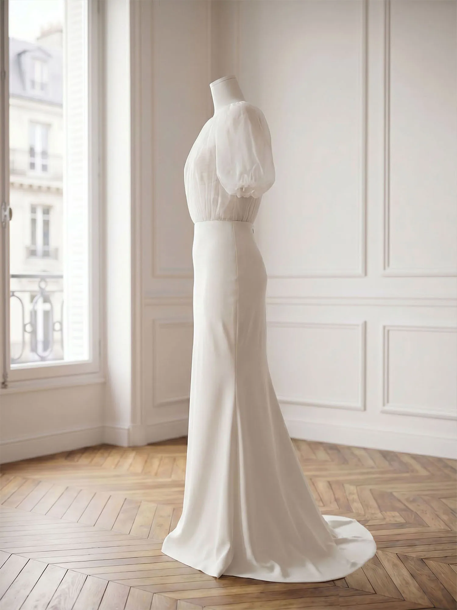 Bateau Neck Organza Bubble Sleeve Mermaid Evening Gown