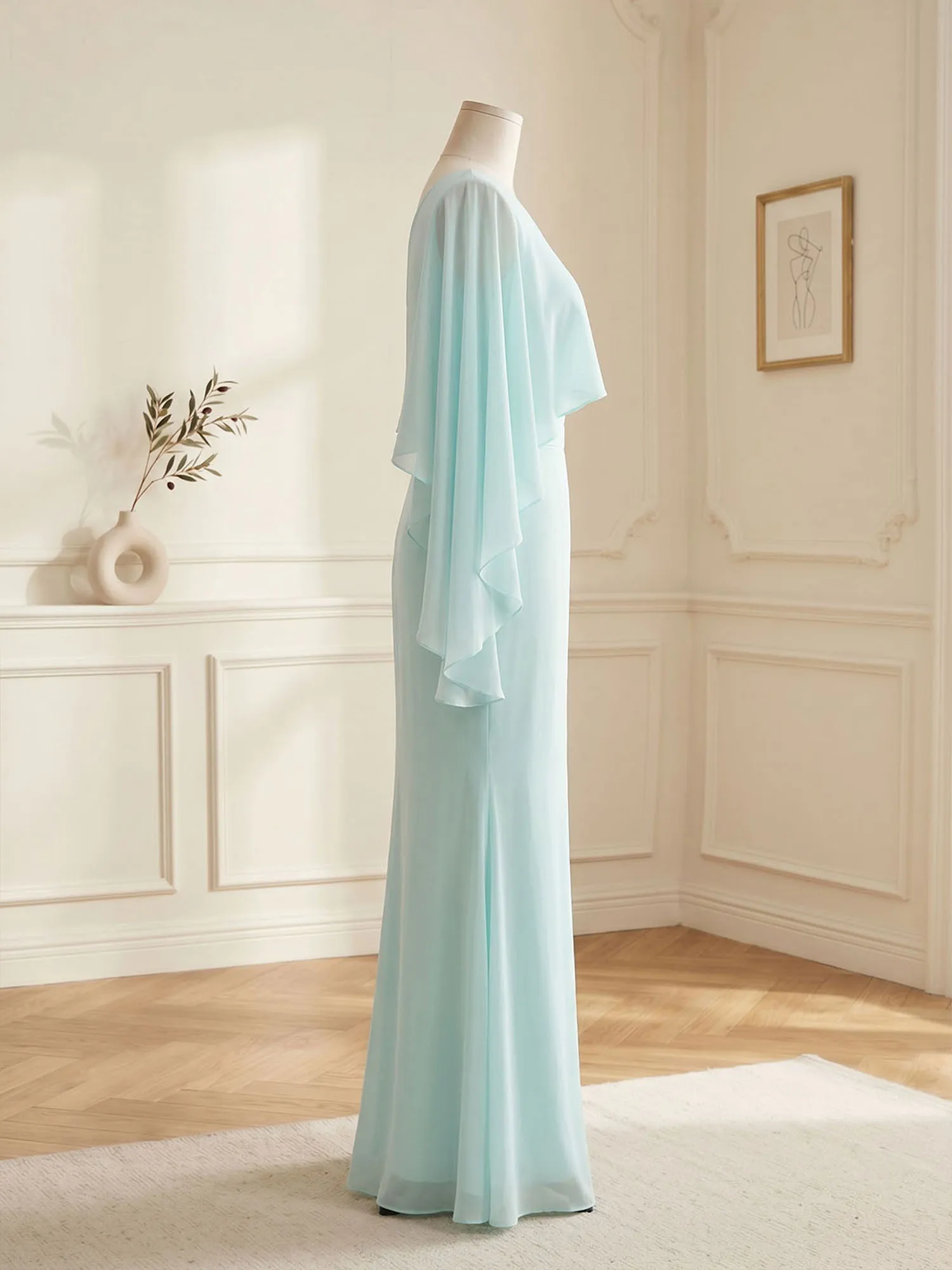 One-Shoulder Chiffon Overlay Mermaid Evening Gown
