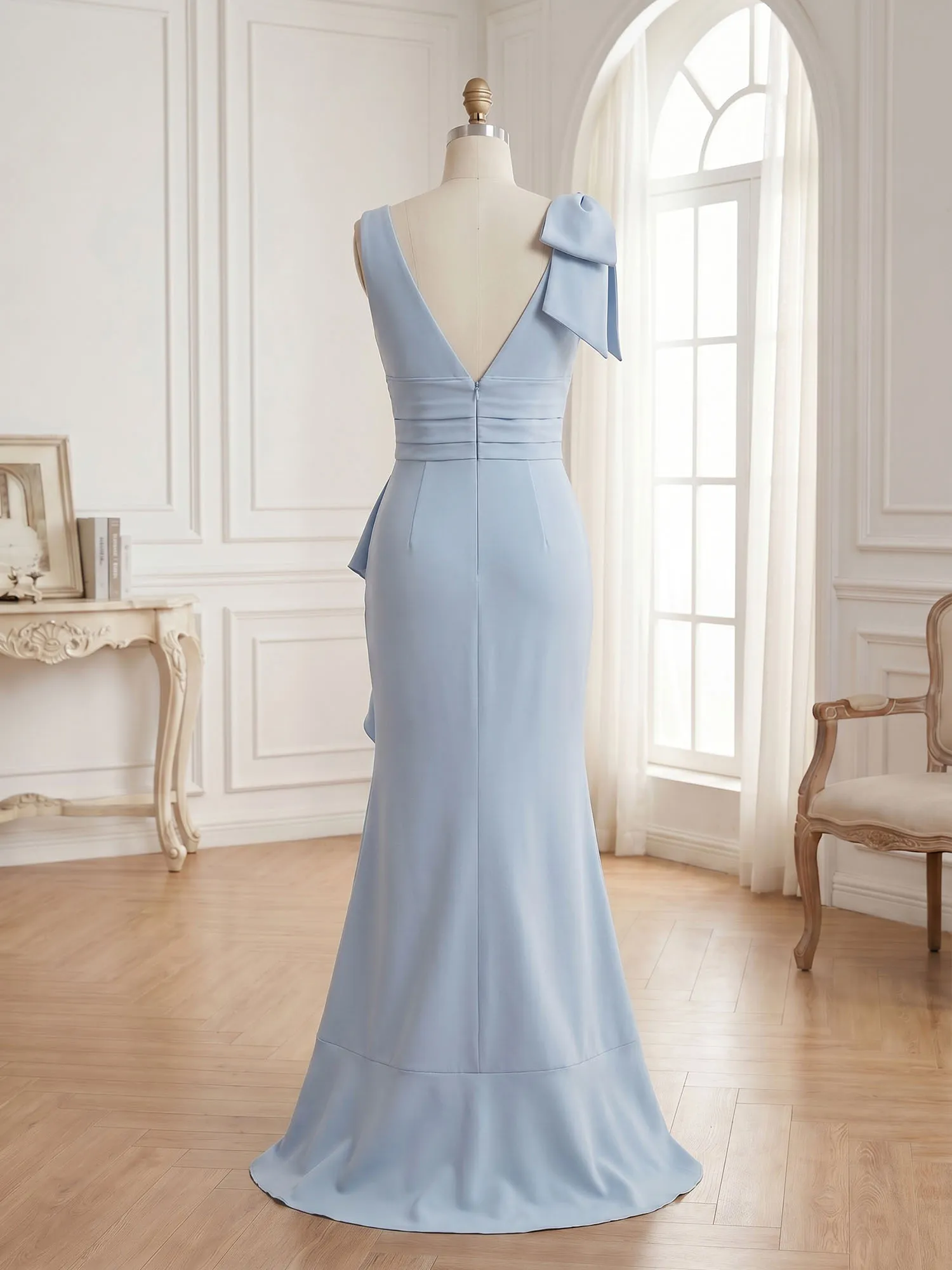 Deep V-Neck Bow-Shoulder Ruffle Slit Mermaid Evening Gown