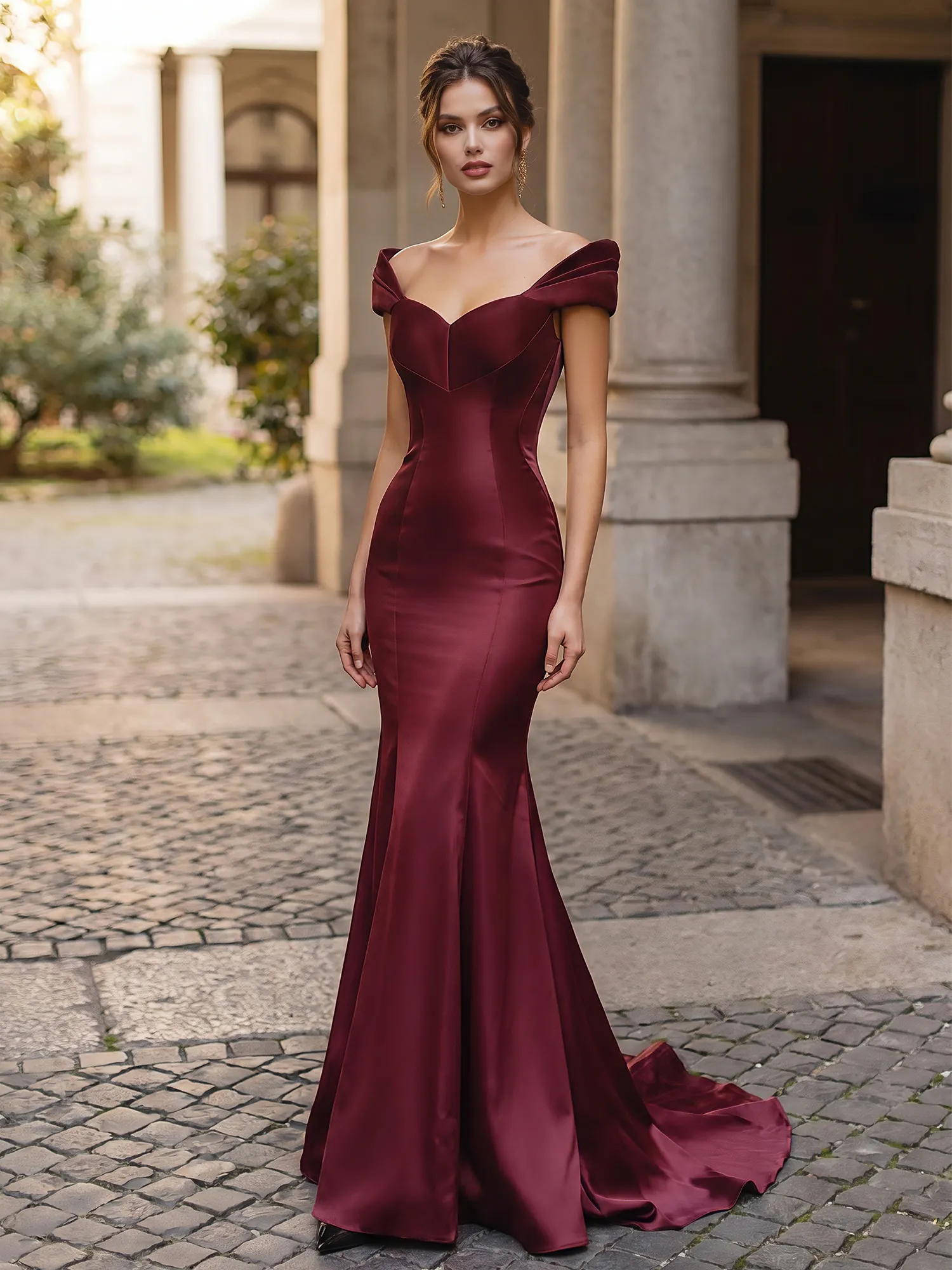 Off-the-Shoulder Sweetheart Lace-Up Back Satin Mermaid Prom Dress