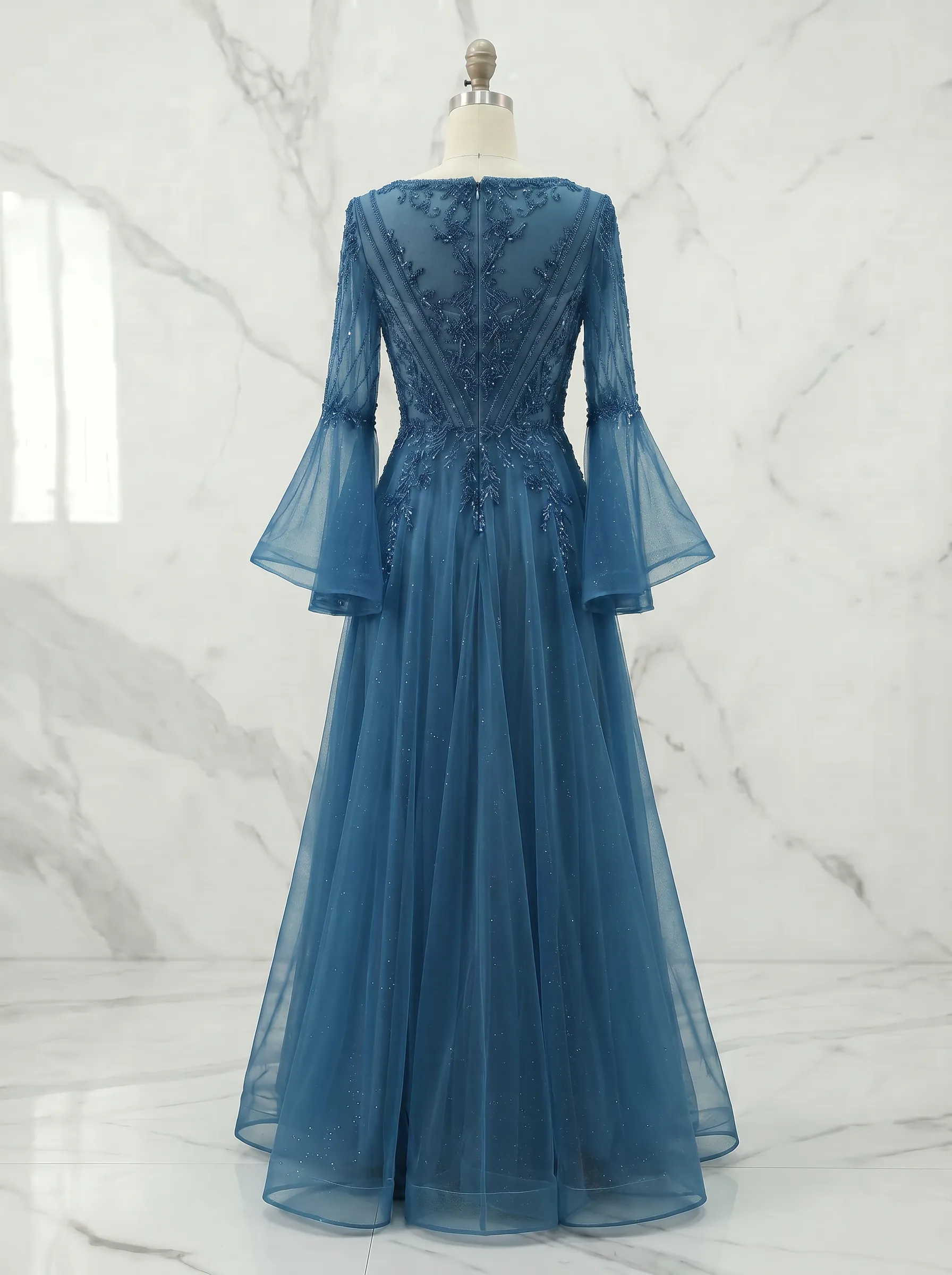 V-Neck Beaded Lace Bell Sleeve Tulle A-Line Prom Gown