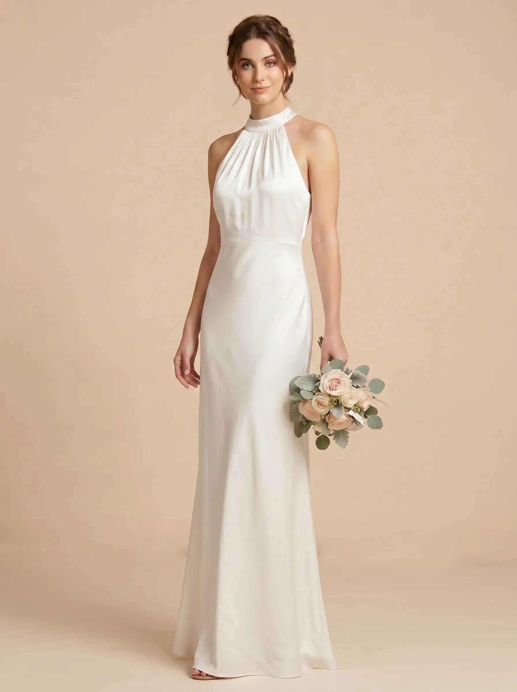 Halter Neck Satin Sheath Bridesmaid Dress with Back Bow
