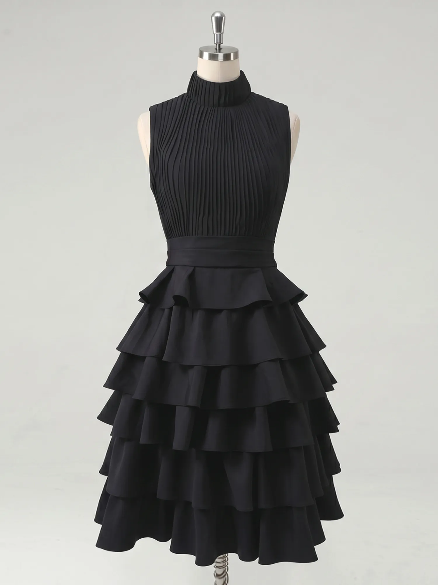 A Line High-Neck Pleated Tiered Evening Dress Maxi Dress