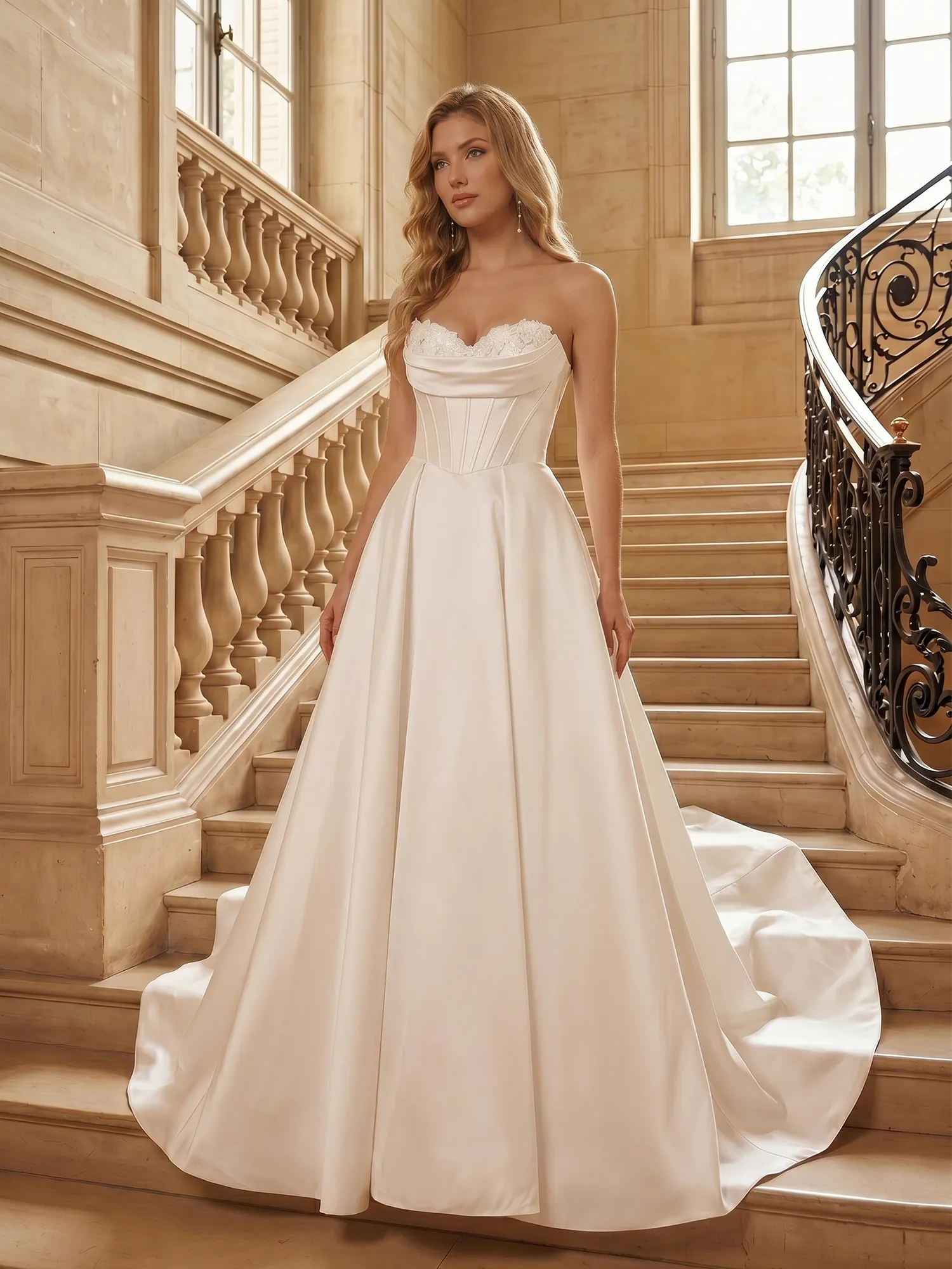Strapless Lace-Corset Satin Ball Gown Wedding Dress