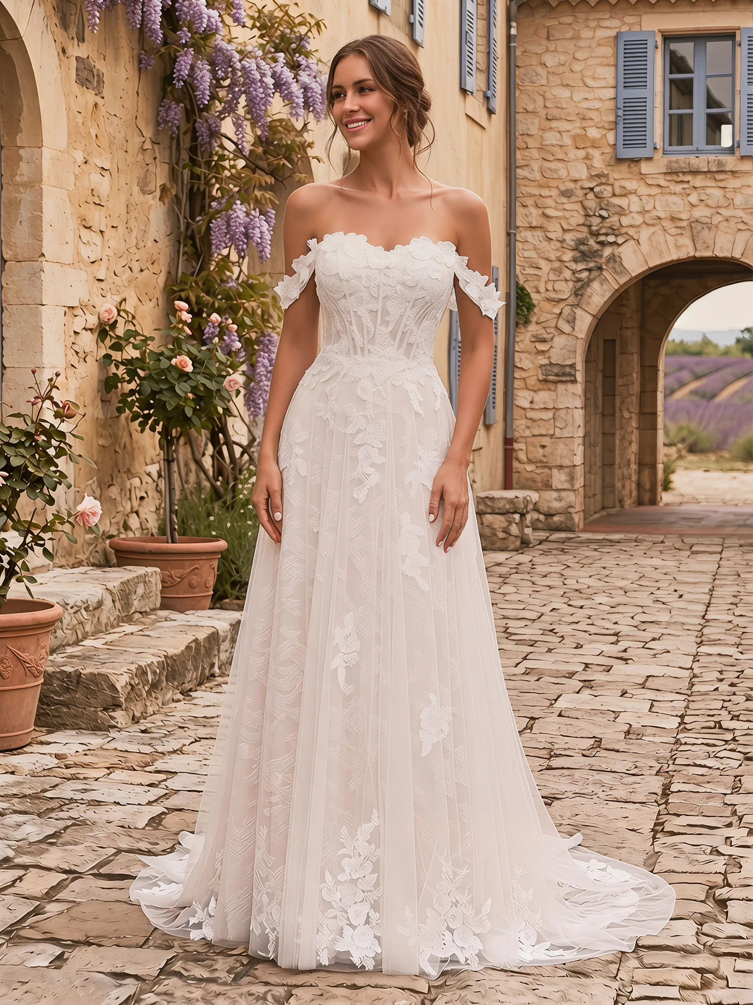 Off-the-Shoulder Lace Corset A-Line Wedding Dress