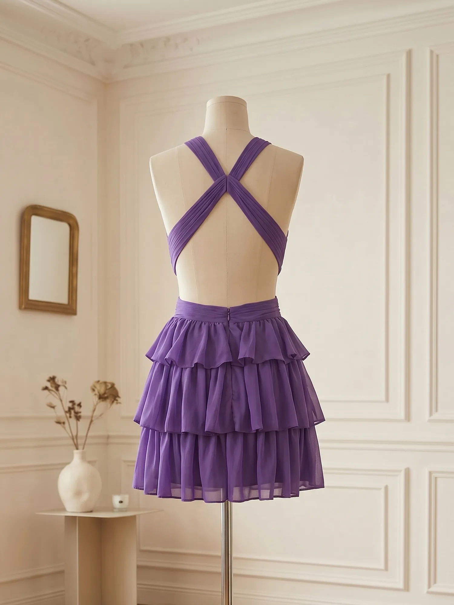 Halter Cross-Back Tiered Chiffon Homecoming Dress