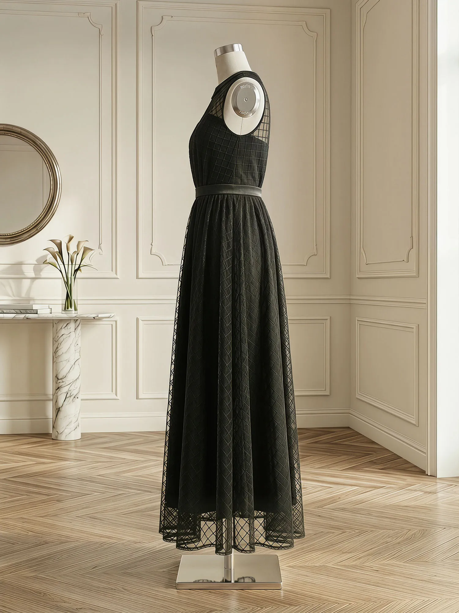 Sleeveless Grid Mesh A-Line Midi Evening Dress