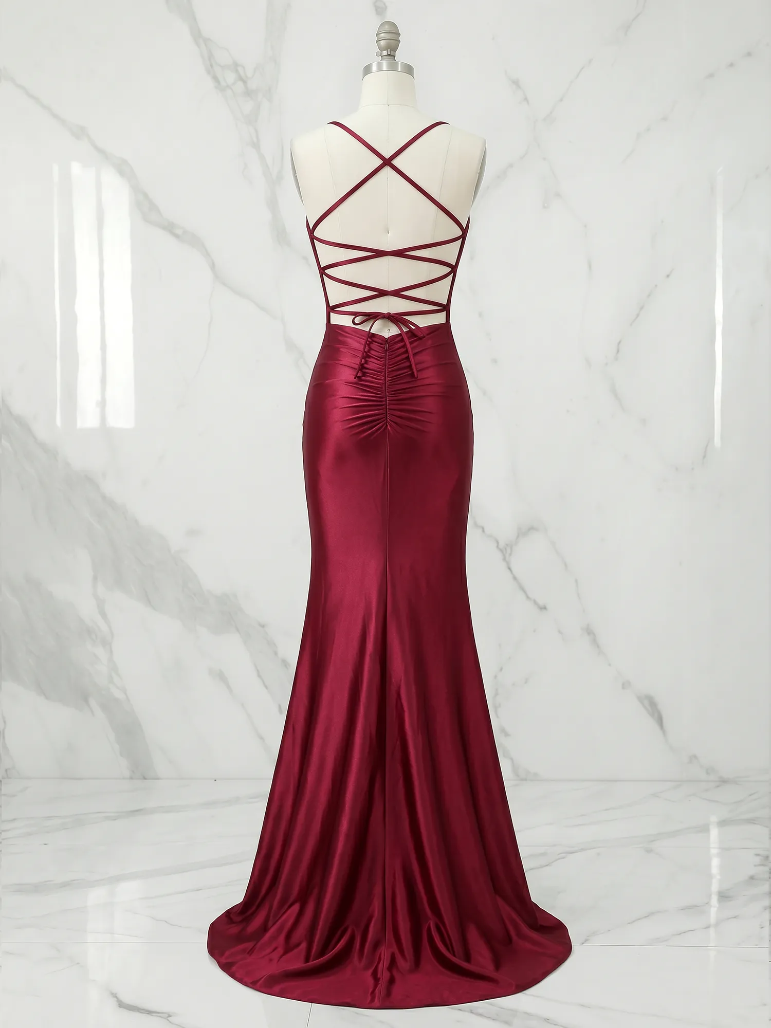 Burgundy Spaghetti Strap Corset Mermaid Prom Gown with Slit