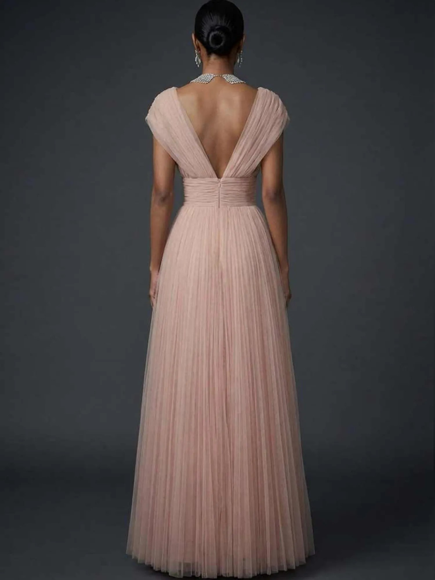 Draped V-Neck Pleated Tulle Evening Gown Maxi Dress