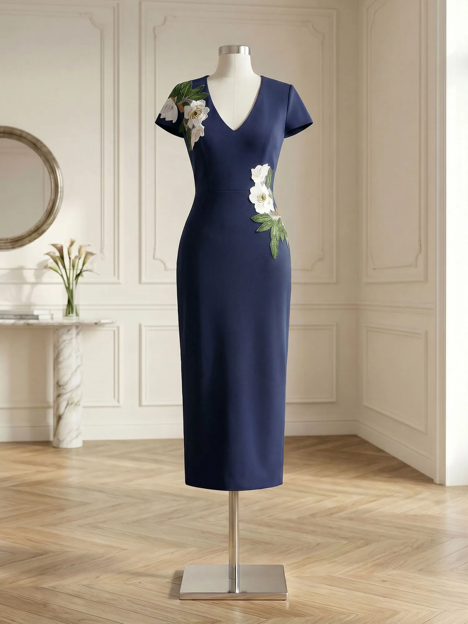V Neck Short-Sleeve Floral Appliqué Sheath Midi Dress