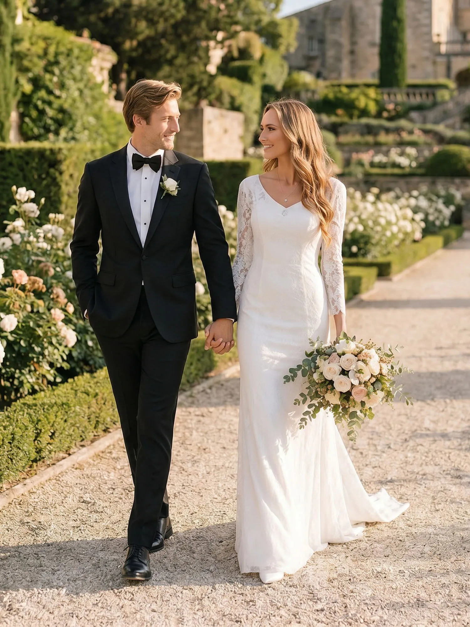 V Neck Long Lace Sleeve Mermaid Crepe Wedding Dress