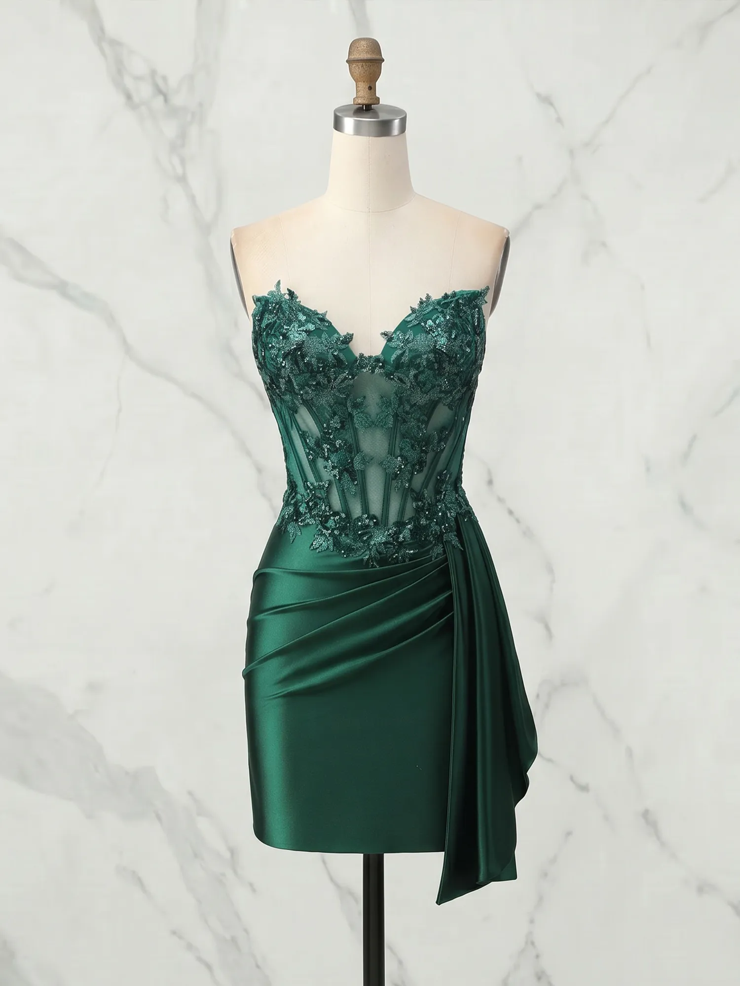 Strapless Lace Corset Satin Homecoming Dress with Draped Skirt