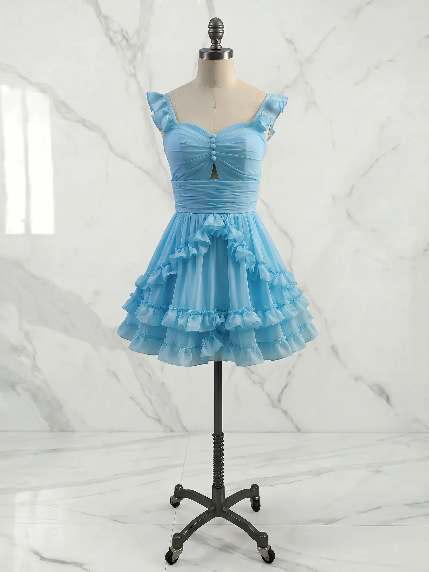 A Line Ruffled Tiered Chiffon Homecoming Dress with Lace-Up Back