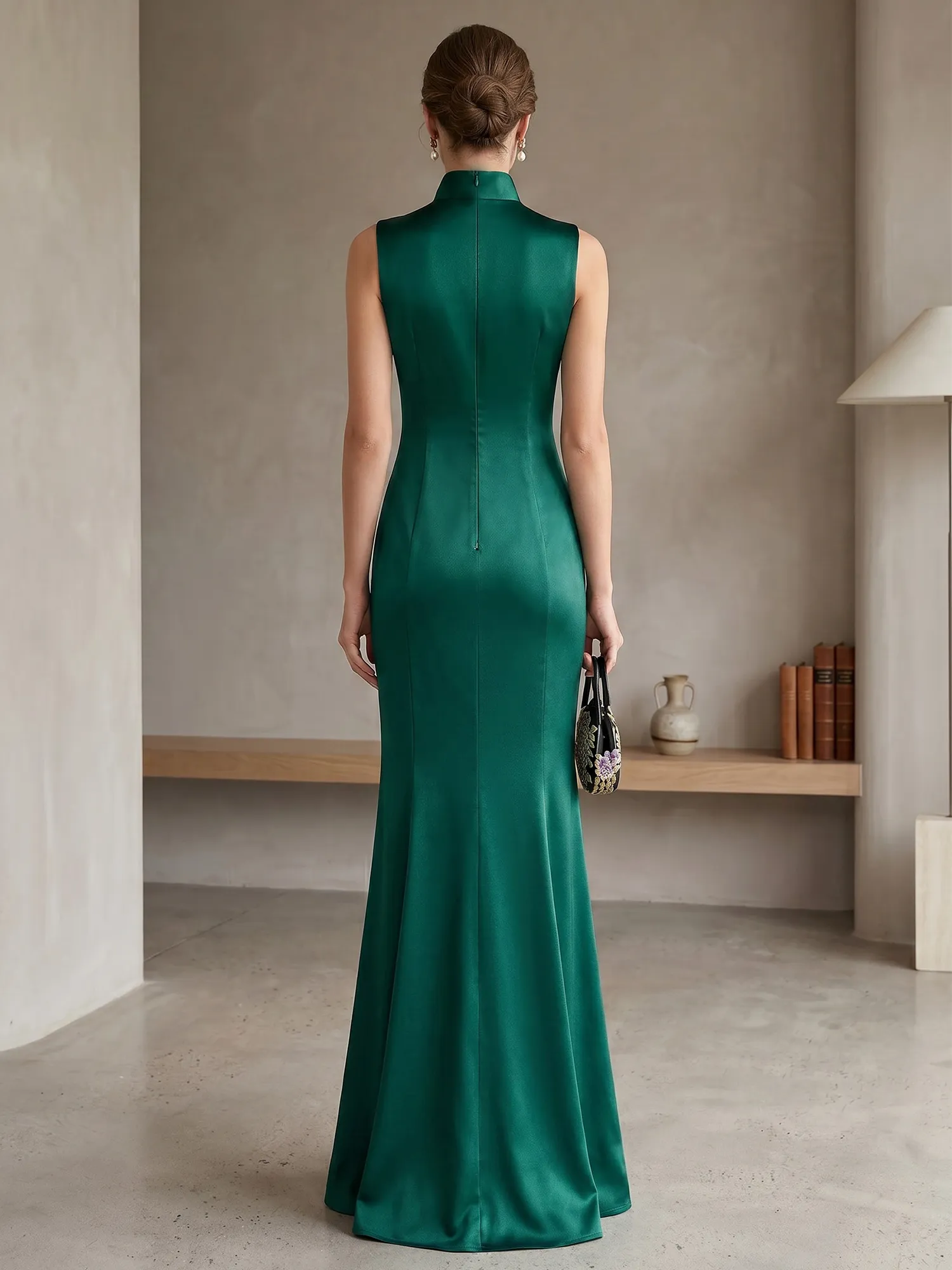 Satin Qipao-Inspired Floral Mermaid Evening Gown