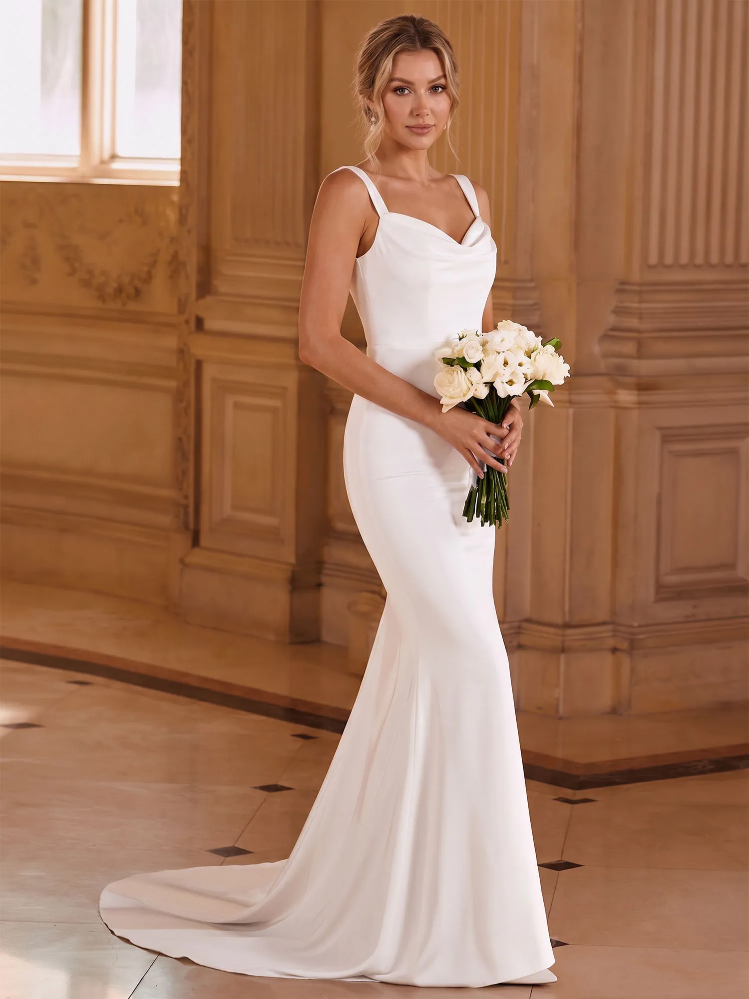 White Satin Cowl Neck Mermaid Wedding Dress
