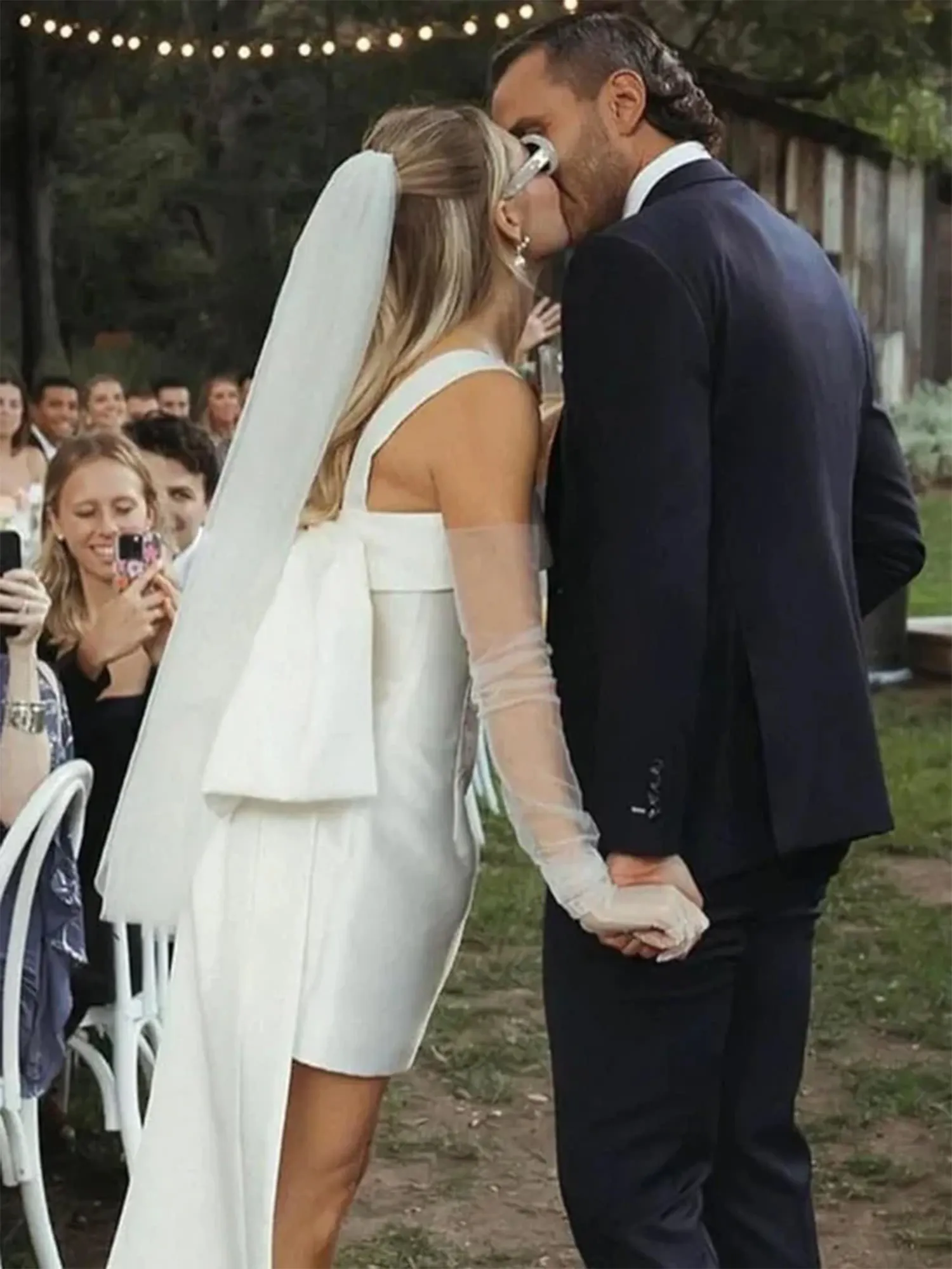 White Square Neck Mini Wedding Dress with Oversized Bow Train