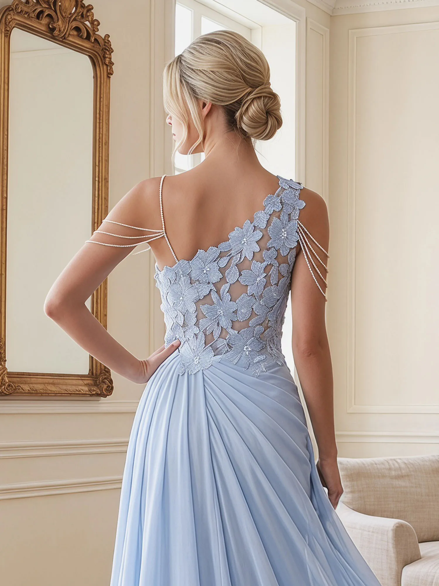 One-Shoulder Floral Lace Chiffon Evening Gown