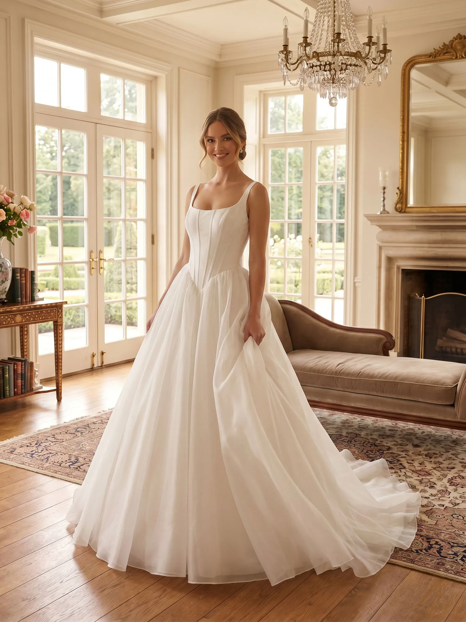 White Square Neck Corset A-Line Wedding Dress