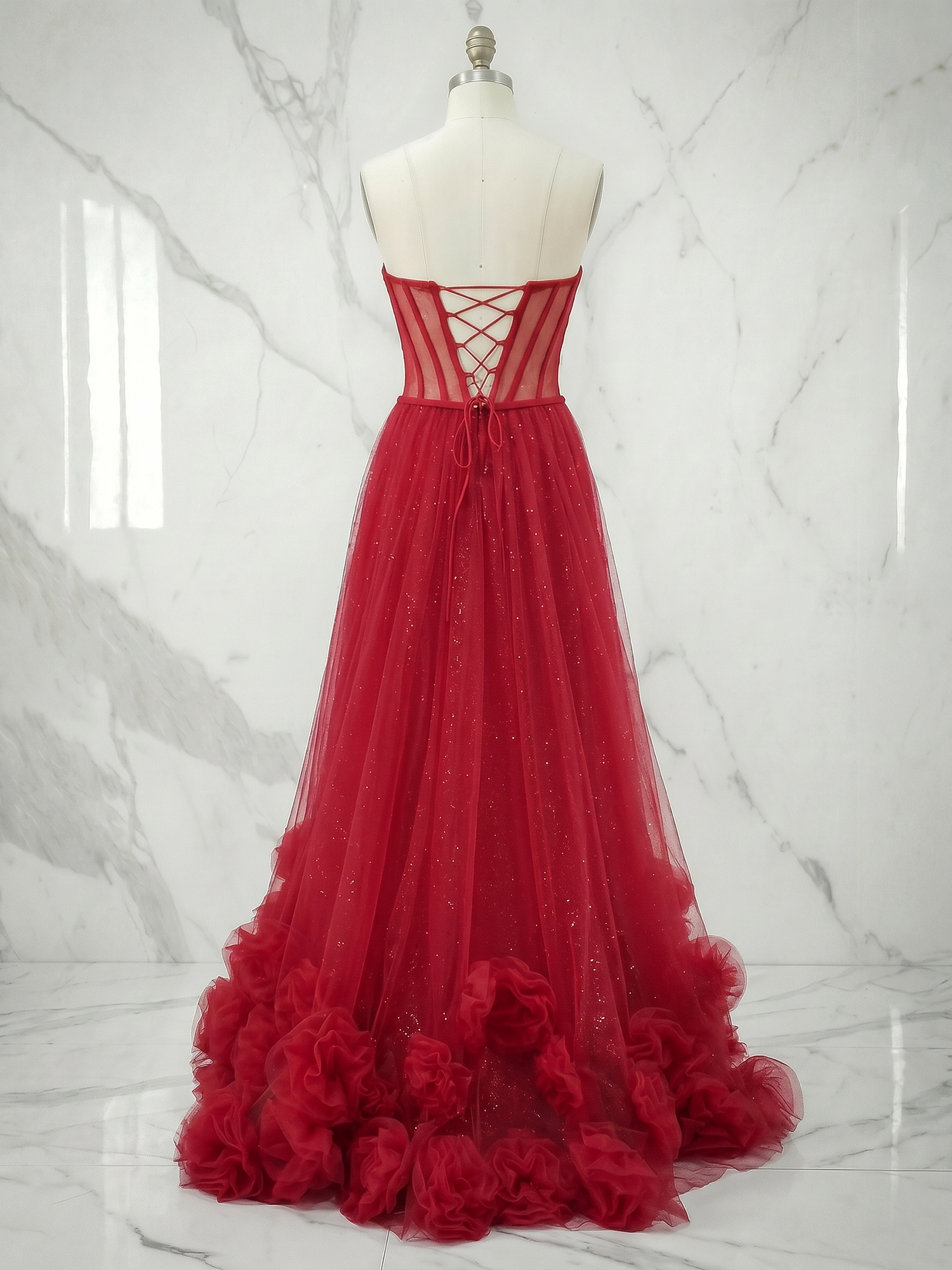 Romantic Formal Dress Red 3D Floral Corset Tulle Evening Gown