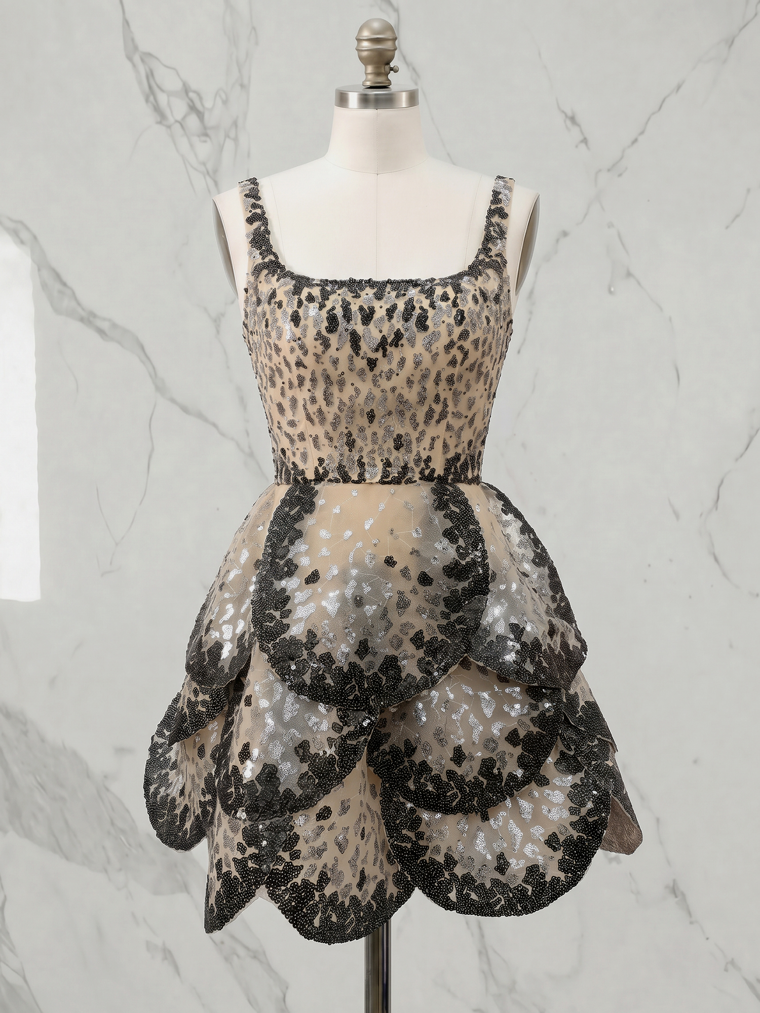 Glittering Petal-Tiered Chameleon Sequin Short Homecoming Dress