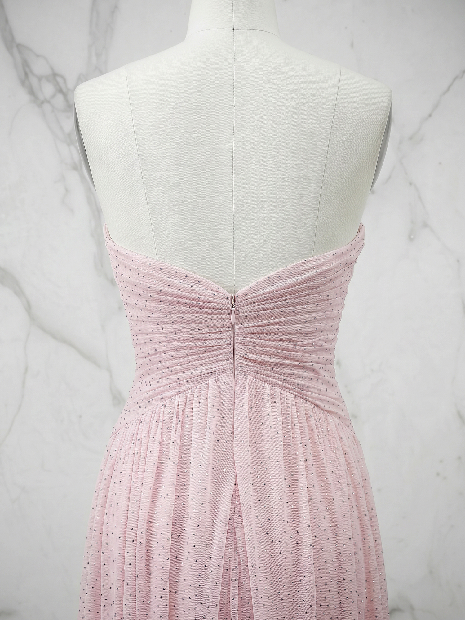 Romantic Light Pink Shimmery Pleated Tulle Evening Dress Formal Gown