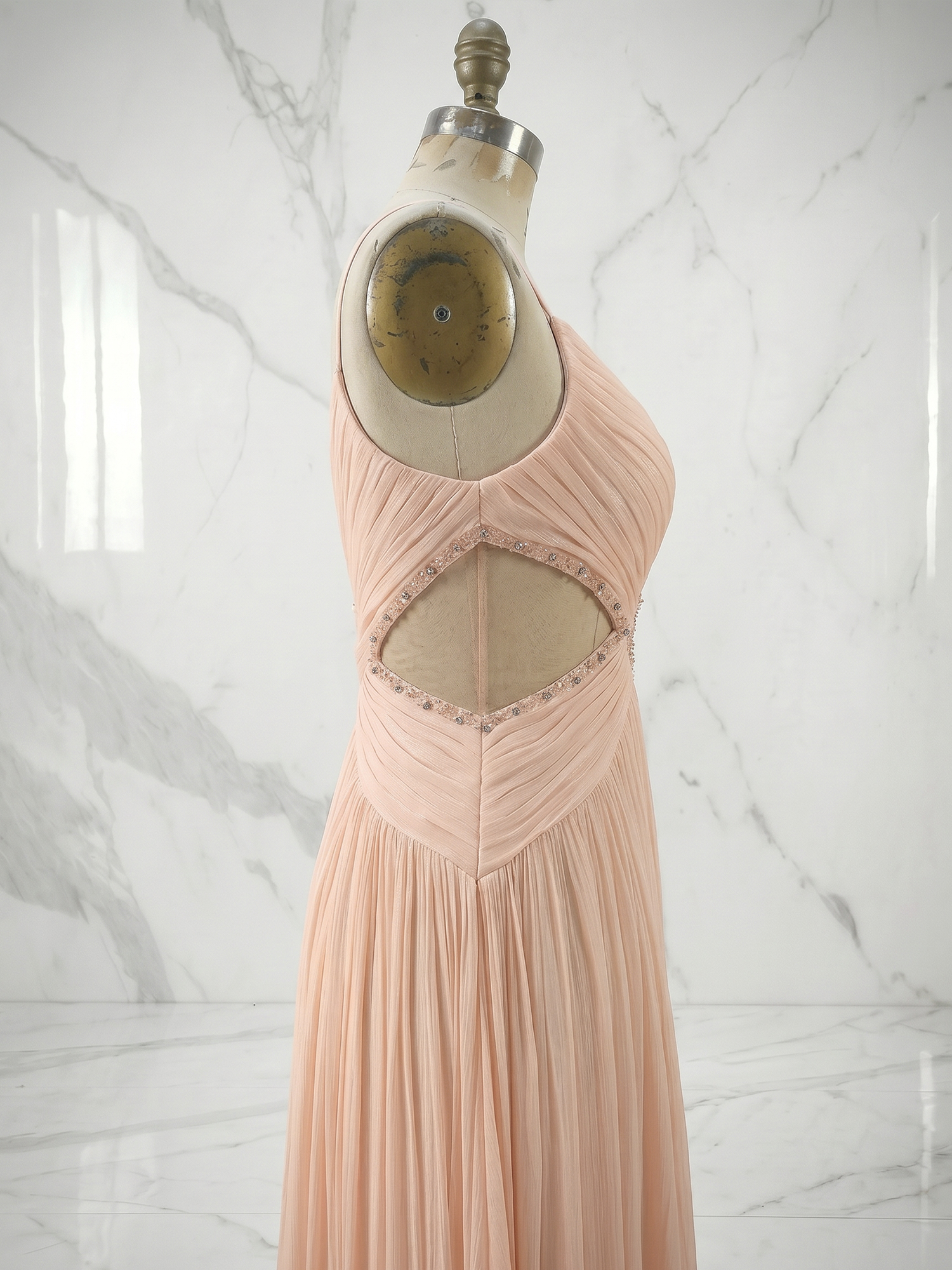 Radiant Blush Champagne Pleated Cutout Maxi Evening Gown