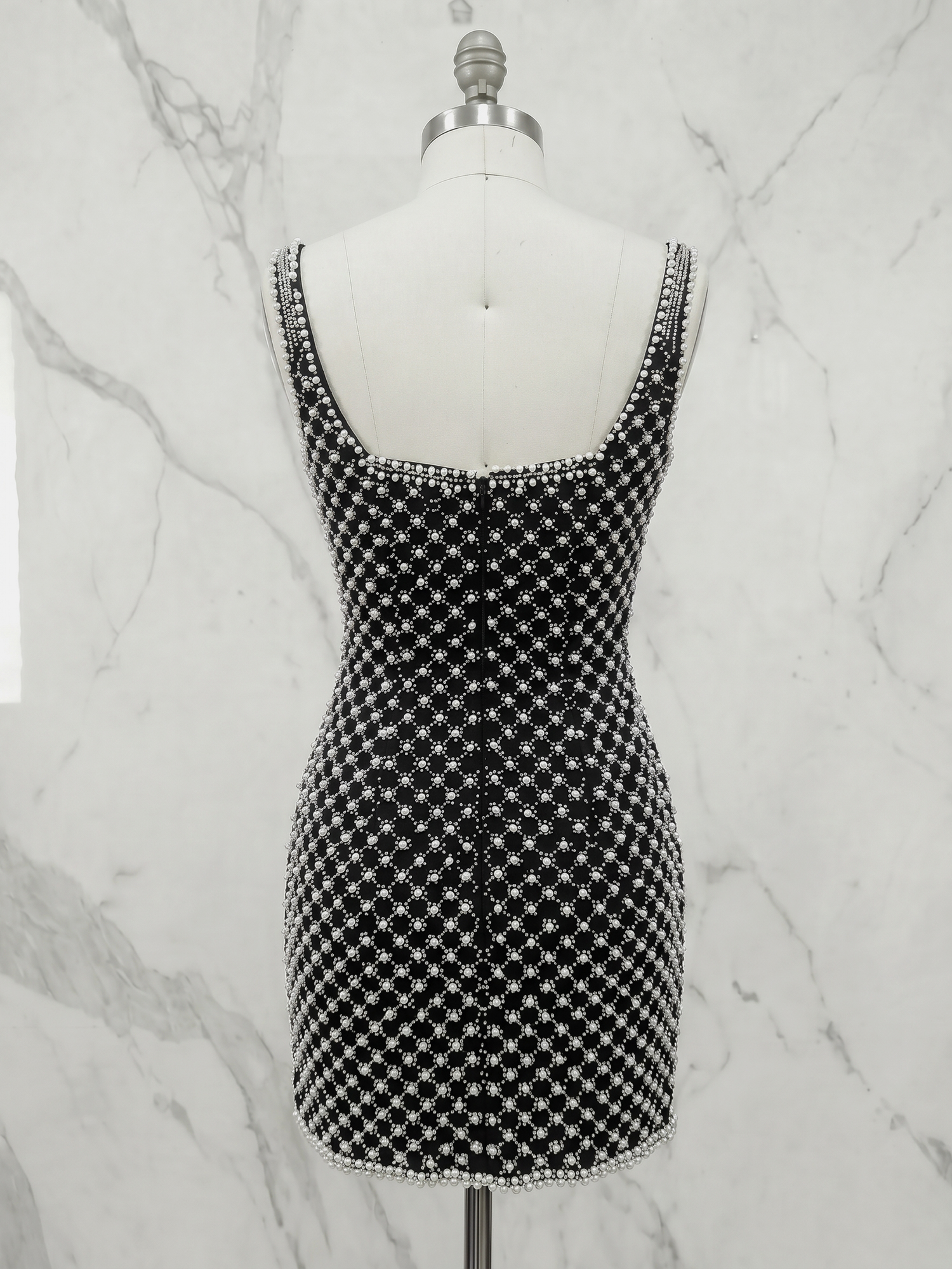 Pearl-Embellished Square Neck Spaghetti Strap Homecoming Dress with Oversized Bow