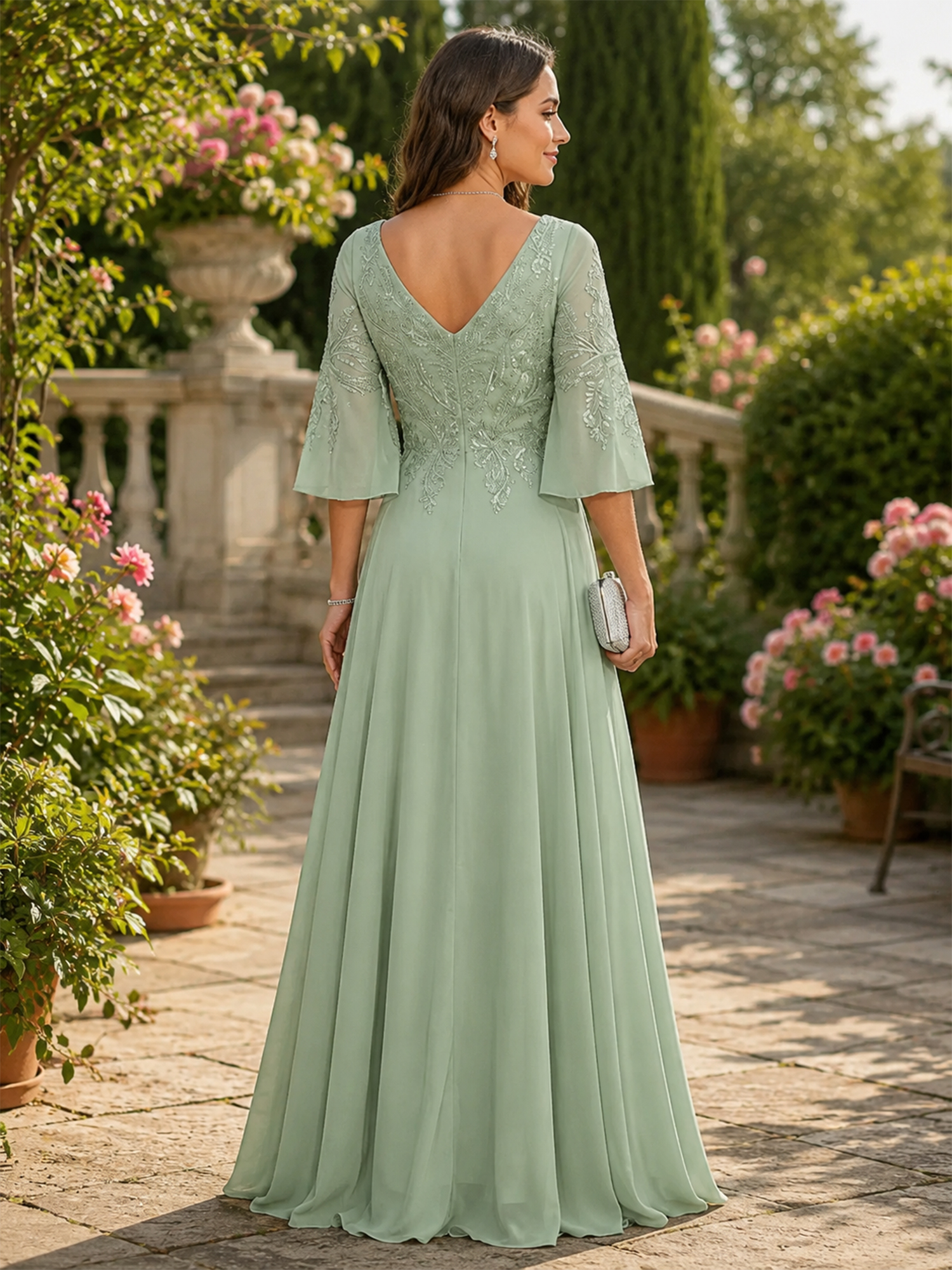 Sage Green A-Line Chiffon 3/4 Flutter Sleeves Mother of the Bride & Groom Dresses 