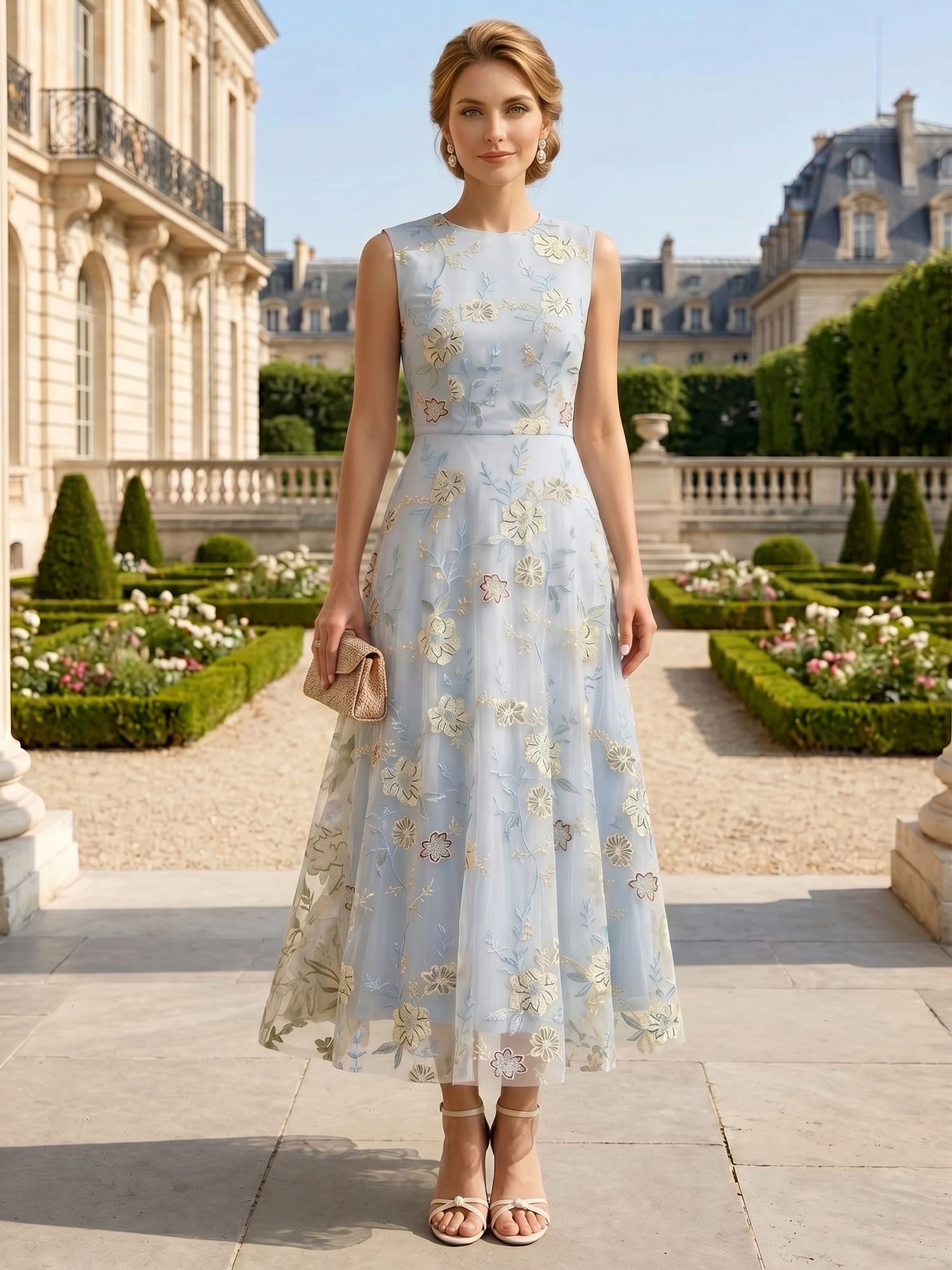 Elegant Blue Floral Embroidered A-Line Mother of the Bride & Groom Dresses