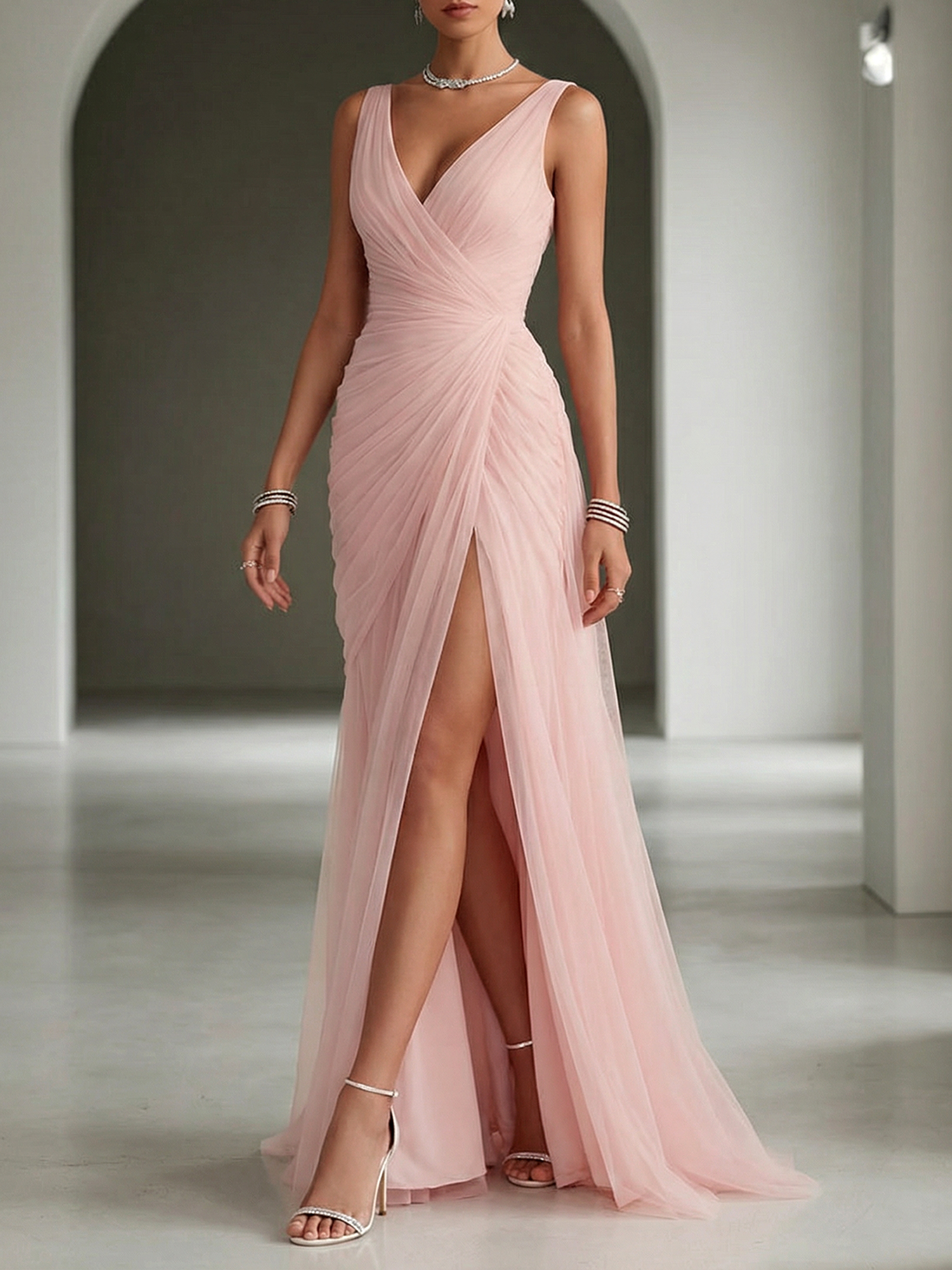 Pink Ruched Slit Tulle V Neck One Shoulder Sheath Gown Dress